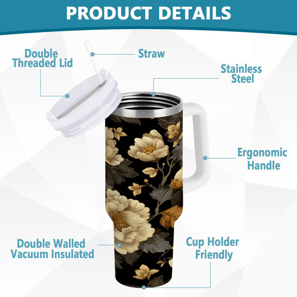 30 oz Insulated Stainless Steel Tumbler Double Wall Stainless Steel Tumbler with 2-Way Drinking Elegant Beige Floral - Choice 847