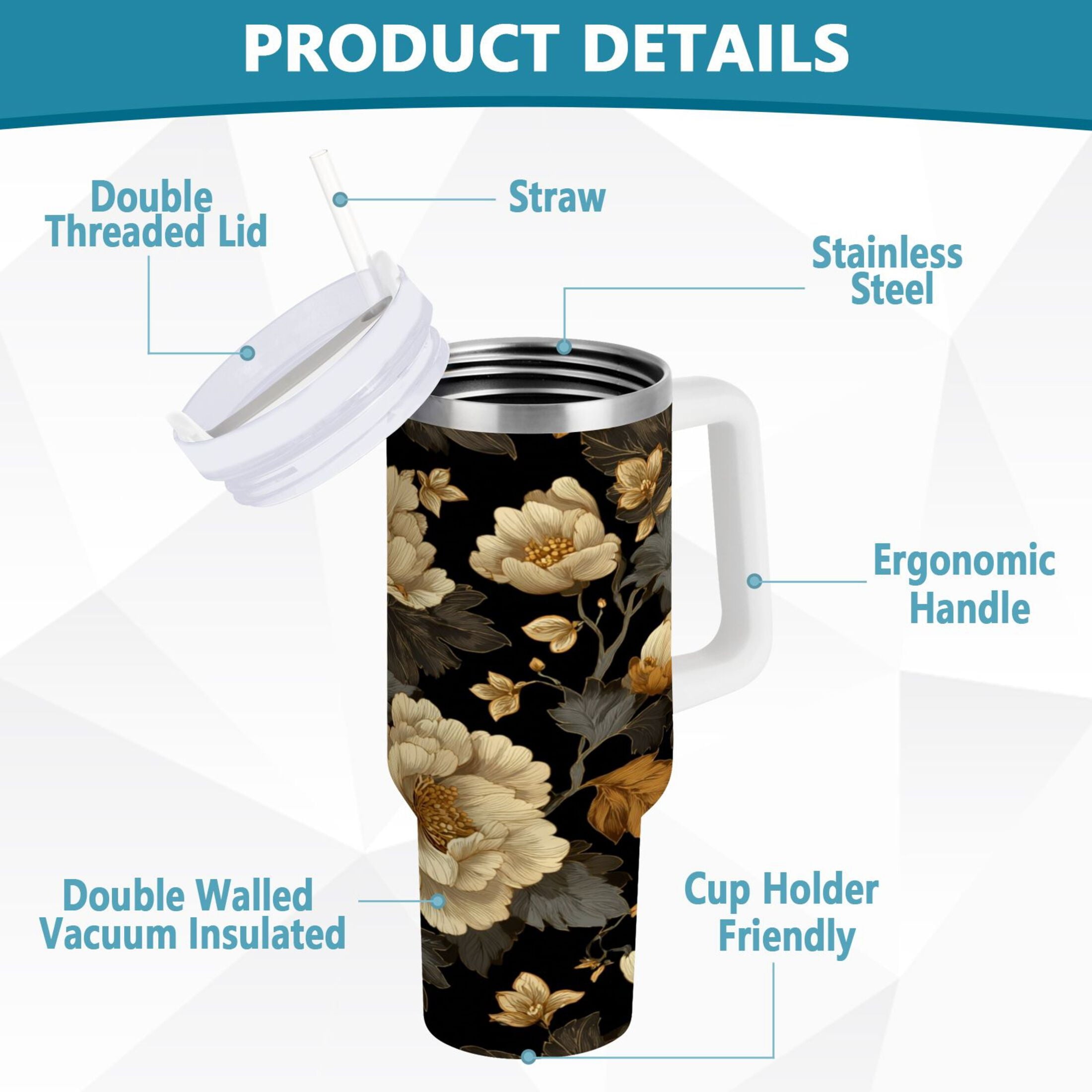 30 oz Insulated Stainless Steel Tumbler Double Wall Stainless Steel Tumbler with 2-Way Drinking Elegant Beige Floral - Choice 847