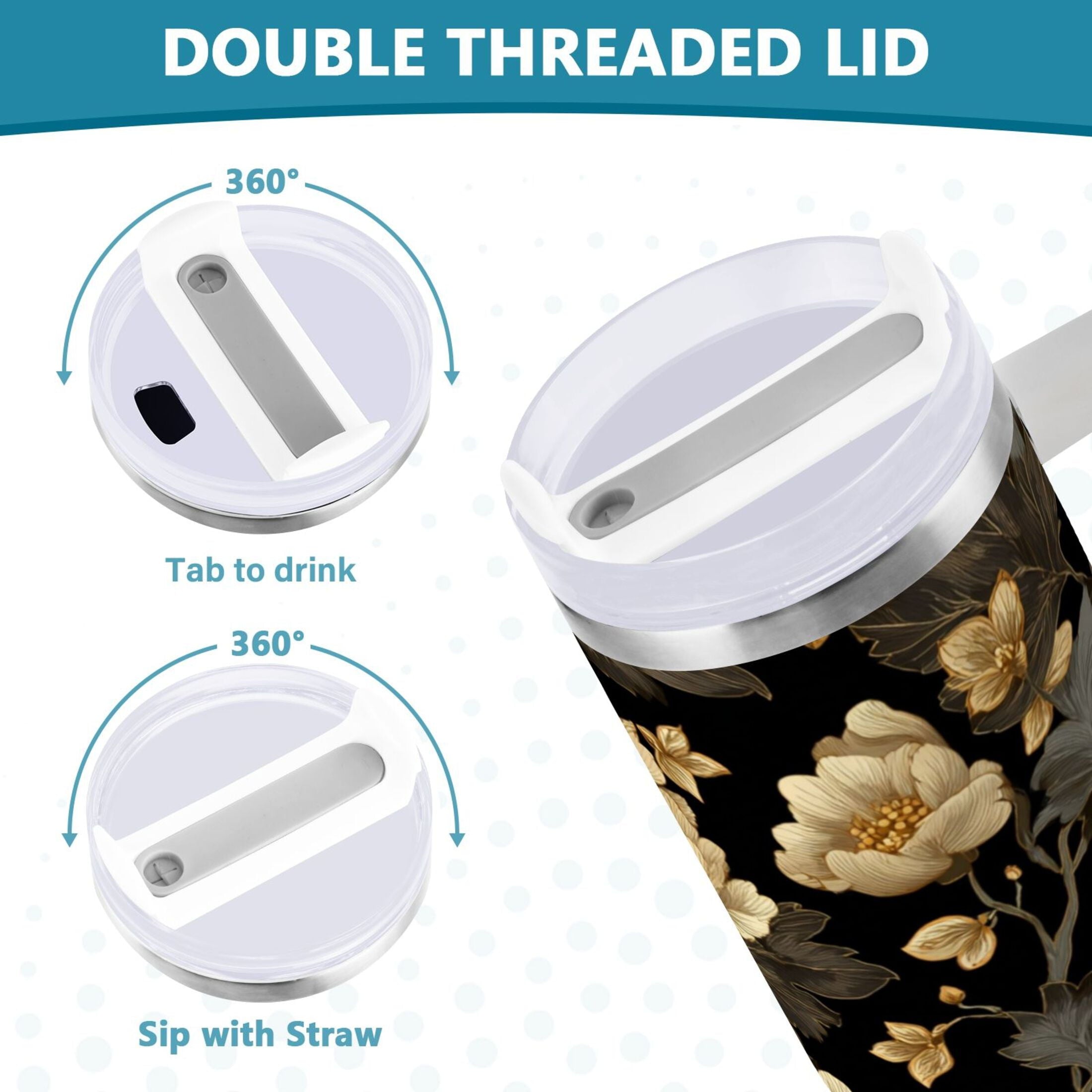 30 oz Insulated Stainless Steel Tumbler Double Wall Stainless Steel Tumbler with 2-Way Drinking Elegant Beige Floral - Choice 847