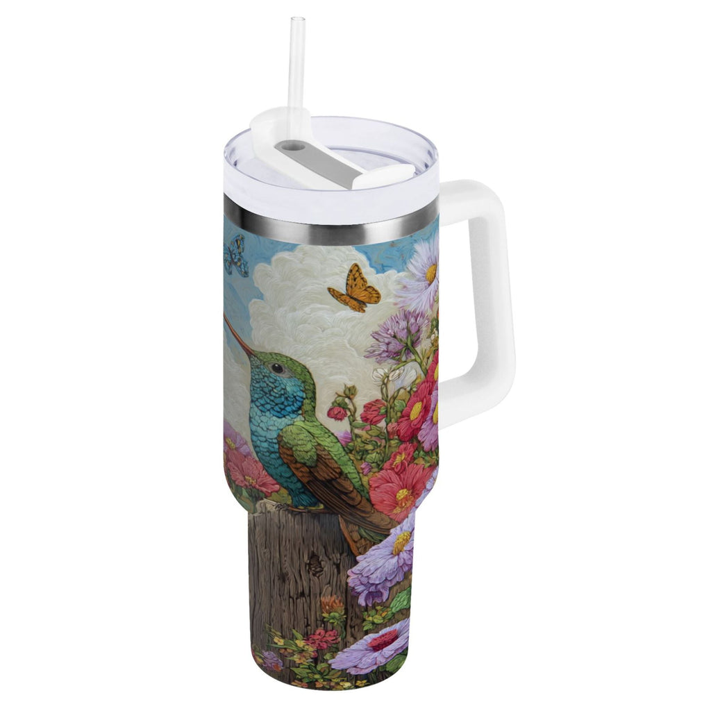 30 oz Insulated Stainless Steel Tumbler Double Wall Stainless Steel Tumbler with 2-Way Drinking Hummingbirds and Flowers - Choice 192