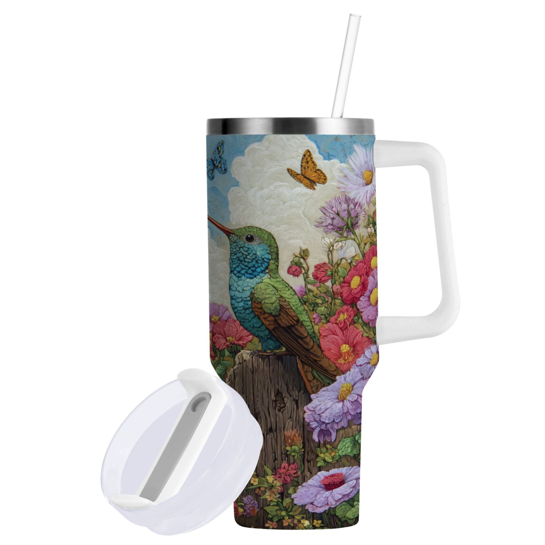 30 oz Insulated Stainless Steel Tumbler Double Wall Stainless Steel Tumbler with 2-Way Drinking Hummingbirds and Flowers - Choice 192