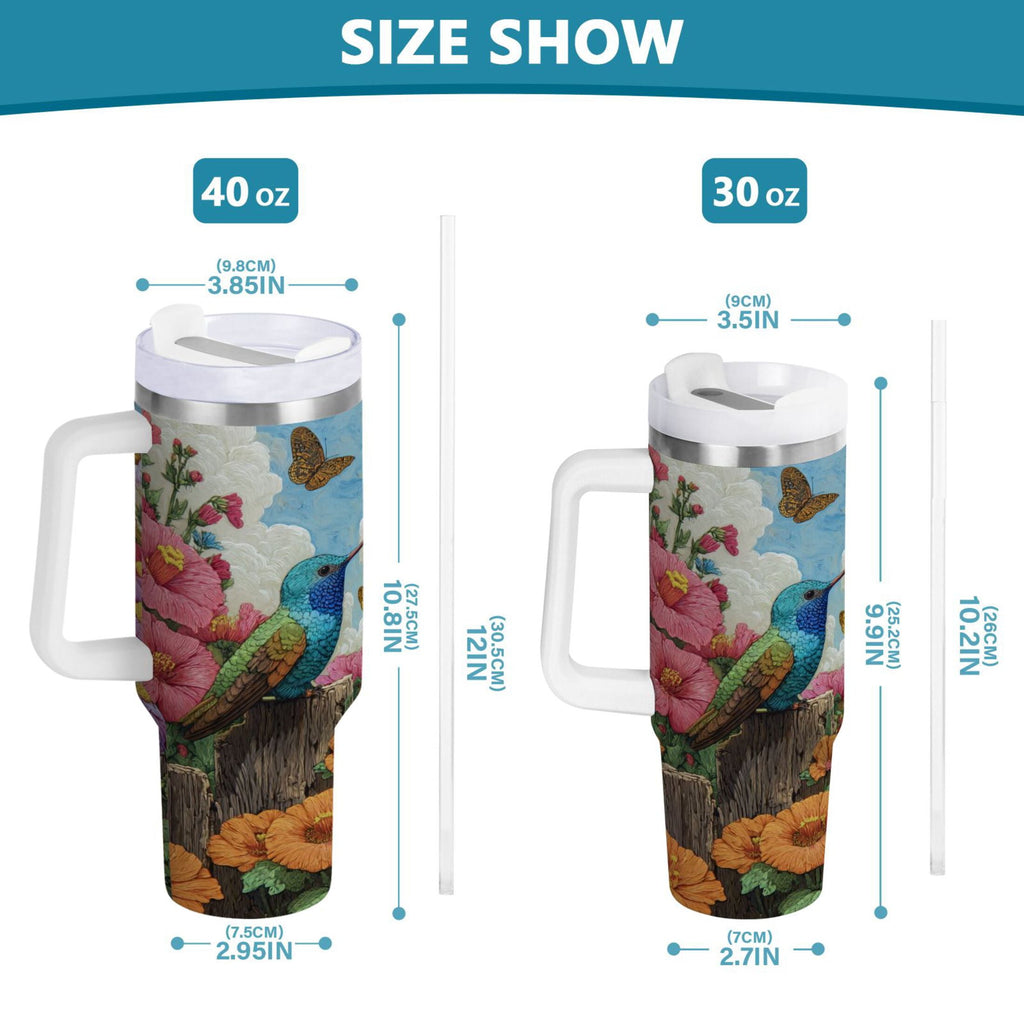 30 oz Insulated Stainless Steel Tumbler Double Wall Stainless Steel Tumbler with 2-Way Drinking Hummingbirds and Flowers - Choice 192