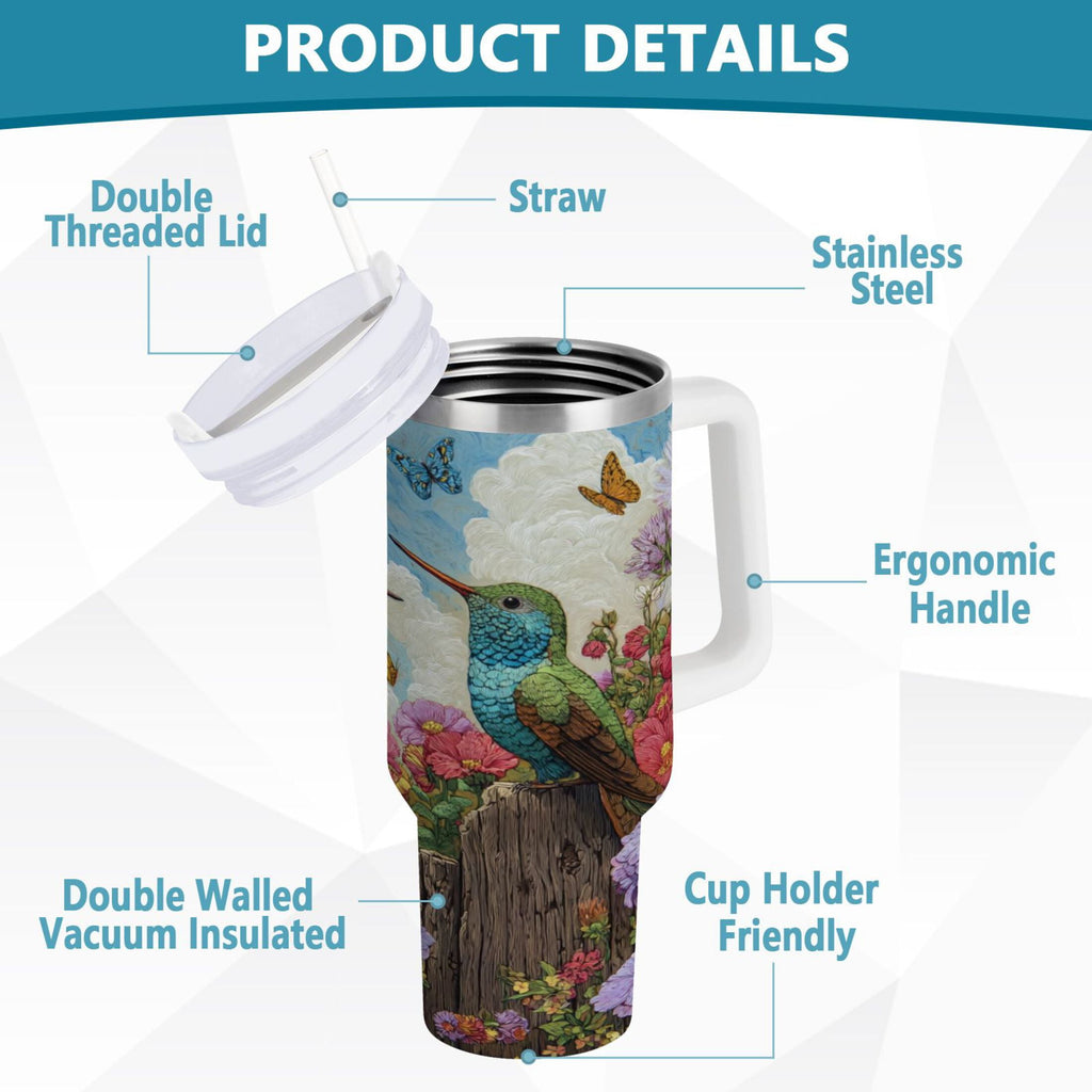 30 oz Insulated Stainless Steel Tumbler Double Wall Stainless Steel Tumbler with 2-Way Drinking Hummingbirds and Flowers - Choice 192