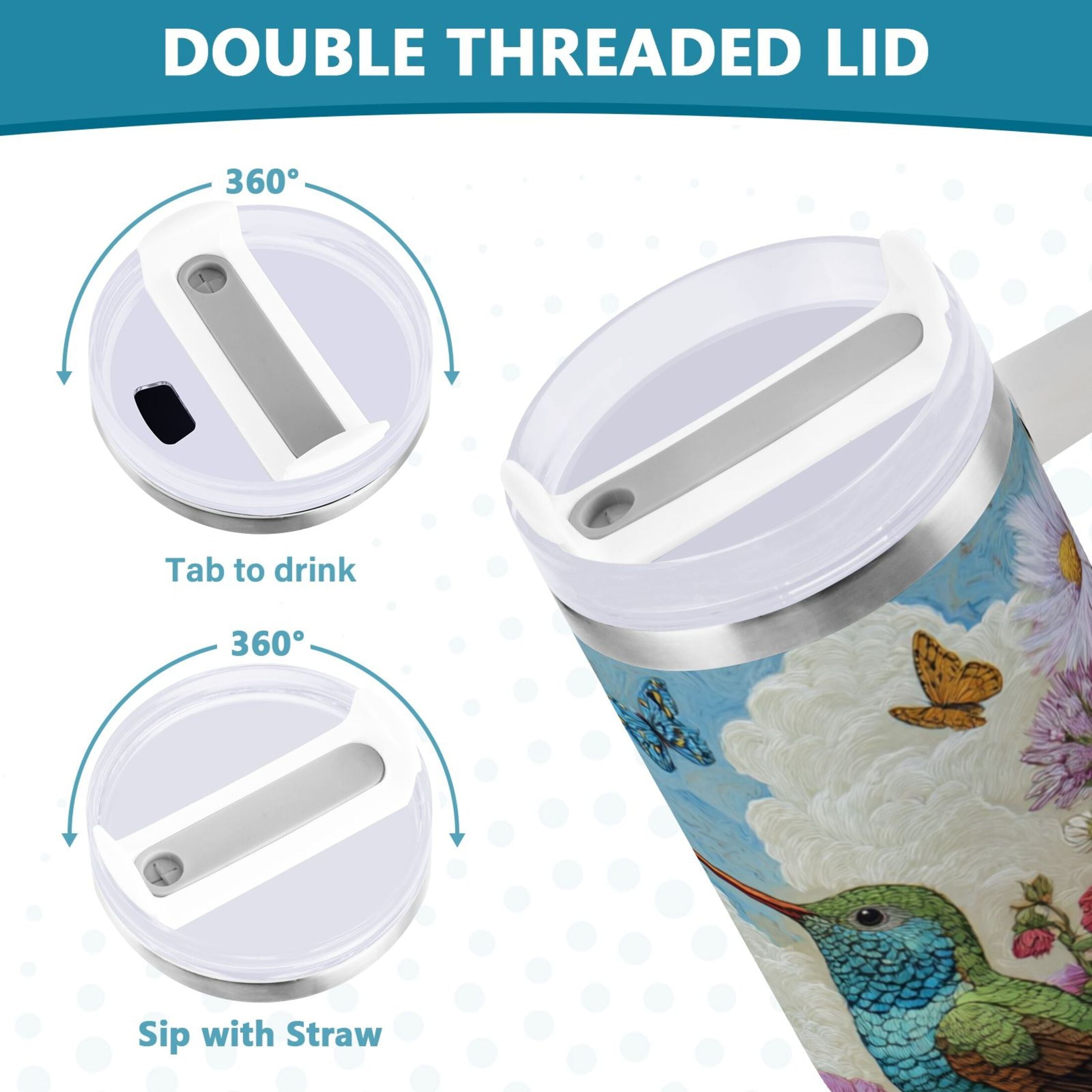 30 oz Insulated Stainless Steel Tumbler Double Wall Stainless Steel Tumbler with 2-Way Drinking Hummingbirds and Flowers - Choice 192