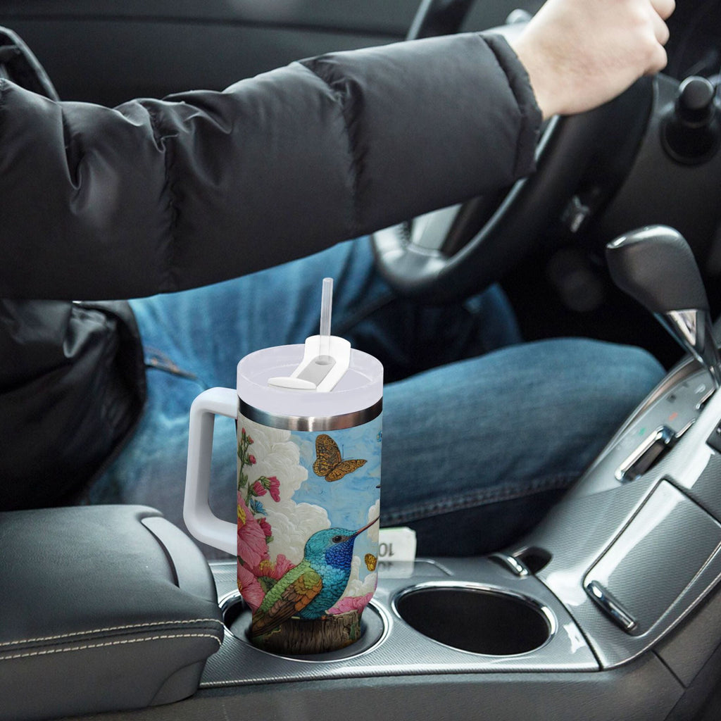 30 oz Insulated Stainless Steel Tumbler Double Wall Stainless Steel Tumbler with 2-Way Drinking Hummingbirds and Flowers - Choice 192