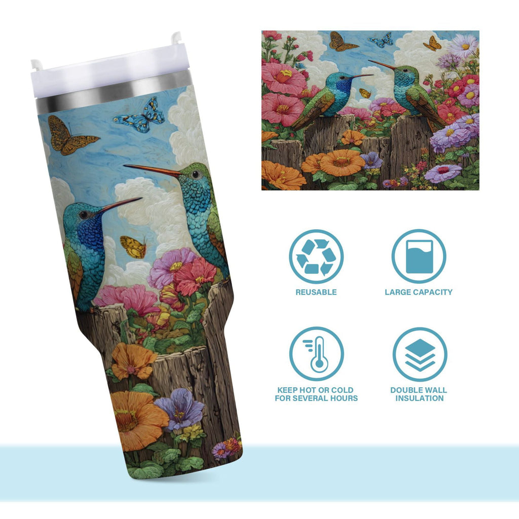 30 oz Insulated Stainless Steel Tumbler Double Wall Stainless Steel Tumbler with 2-Way Drinking Hummingbirds and Flowers - Choice 192
