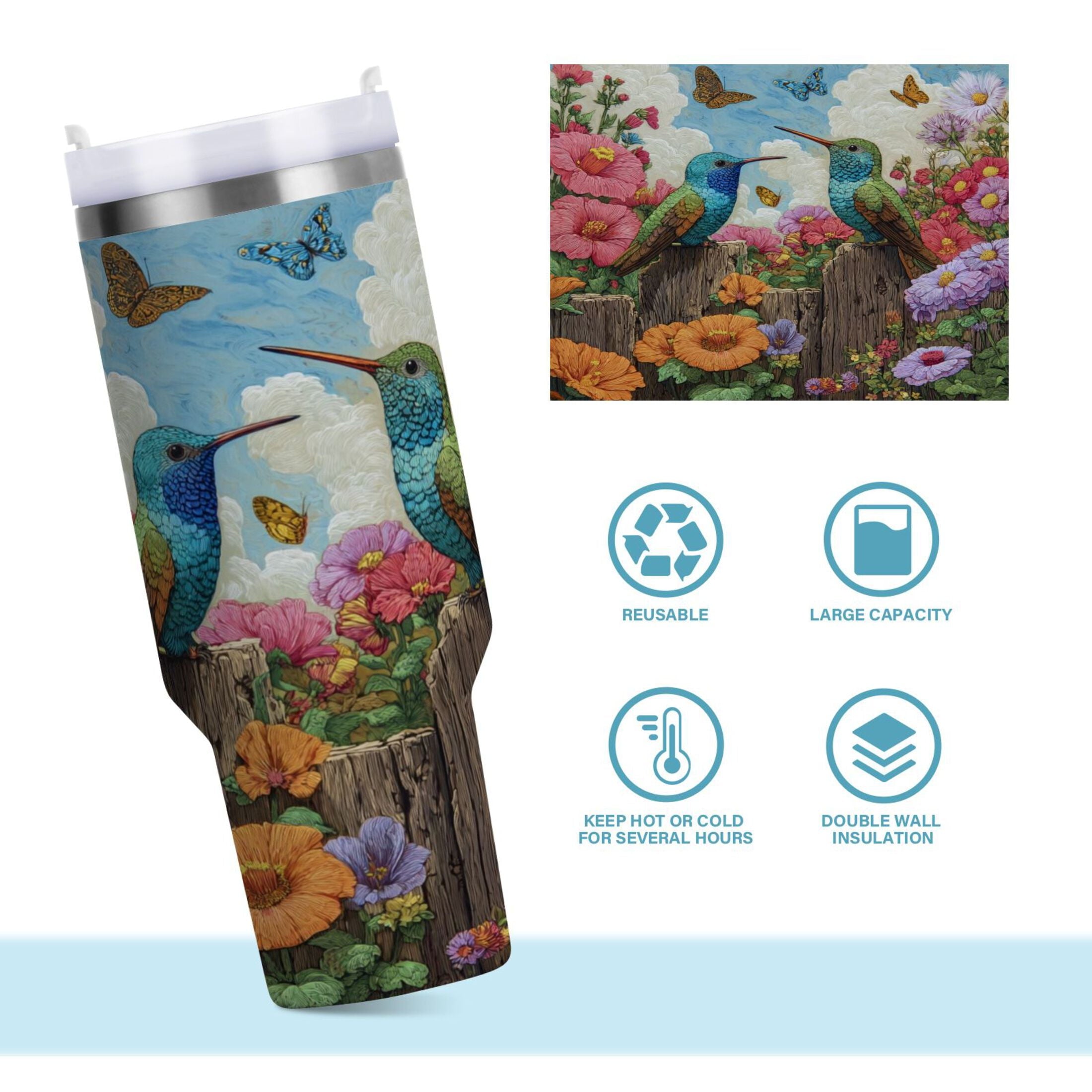30 oz Insulated Stainless Steel Tumbler Double Wall Stainless Steel Tumbler with 2-Way Drinking Hummingbirds and Flowers - Choice 192