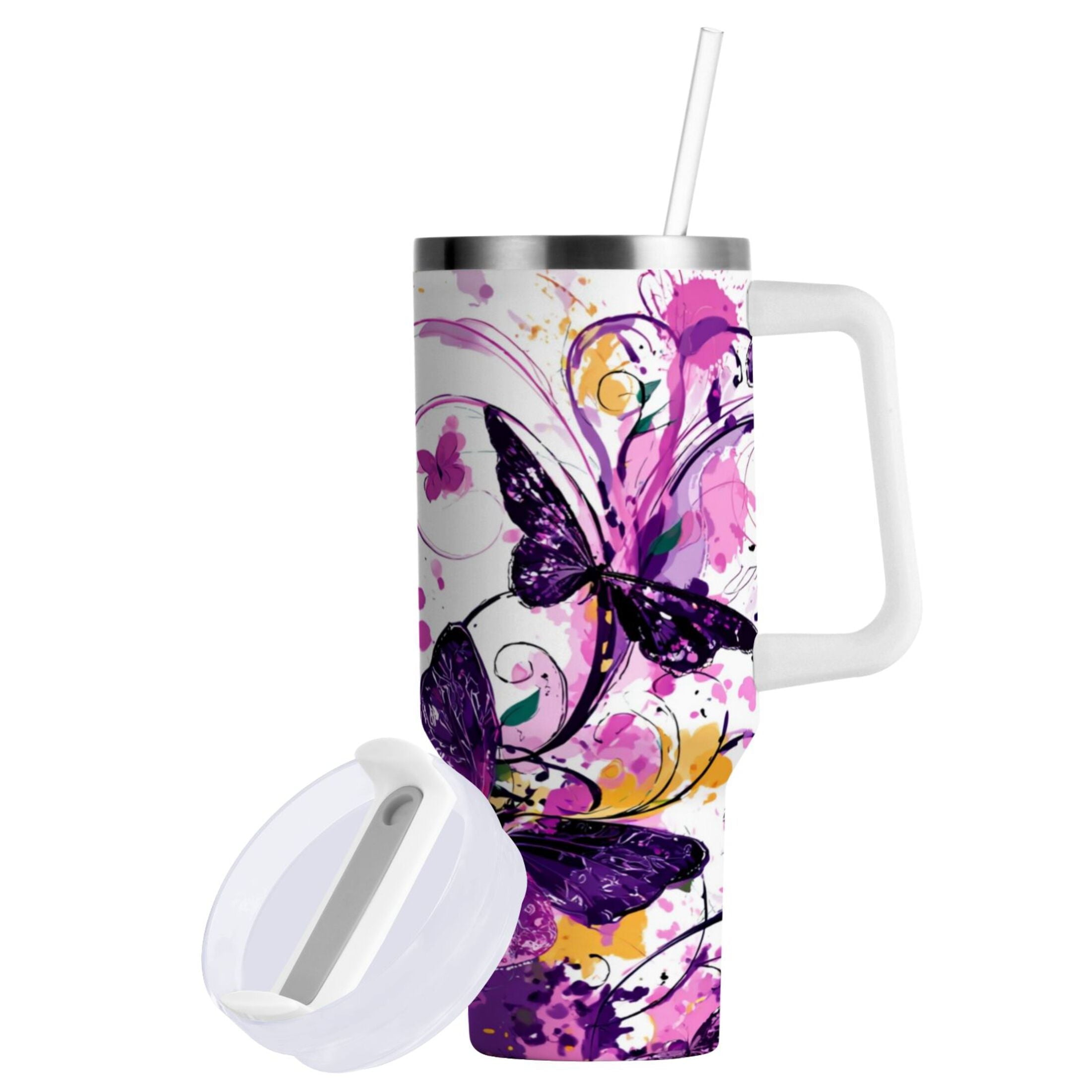 40 oz Insulated Stainless Steel Tumbler Double Wall Stainless Steel Tumbler with 2-Way Drinking Purple Butterfly - Choice 224