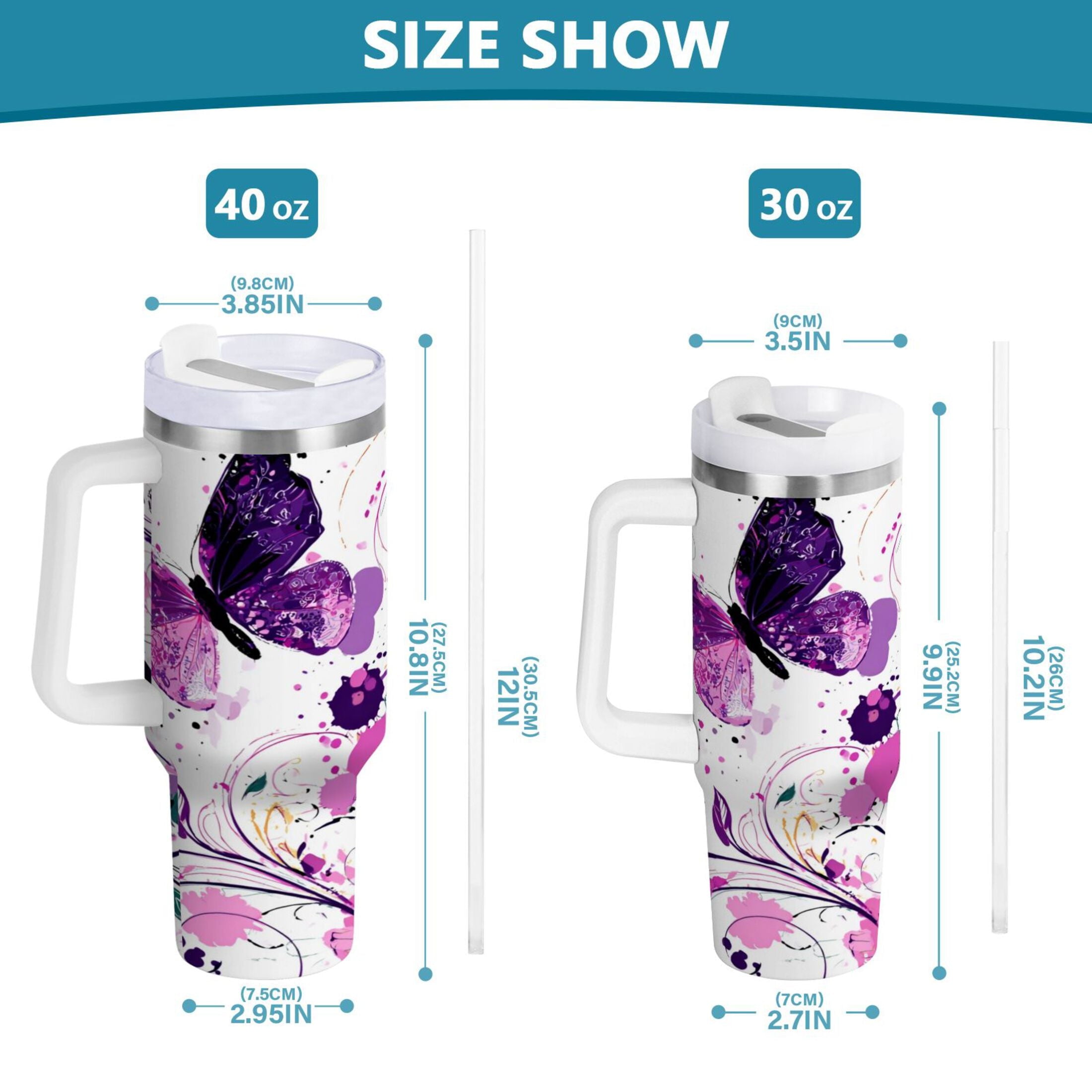 40 oz Insulated Stainless Steel Tumbler Double Wall Stainless Steel Tumbler with 2-Way Drinking Purple Butterfly - Choice 224