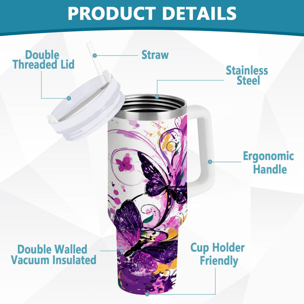 40 oz Insulated Stainless Steel Tumbler Double Wall Stainless Steel Tumbler with 2-Way Drinking Purple Butterfly - Choice 224