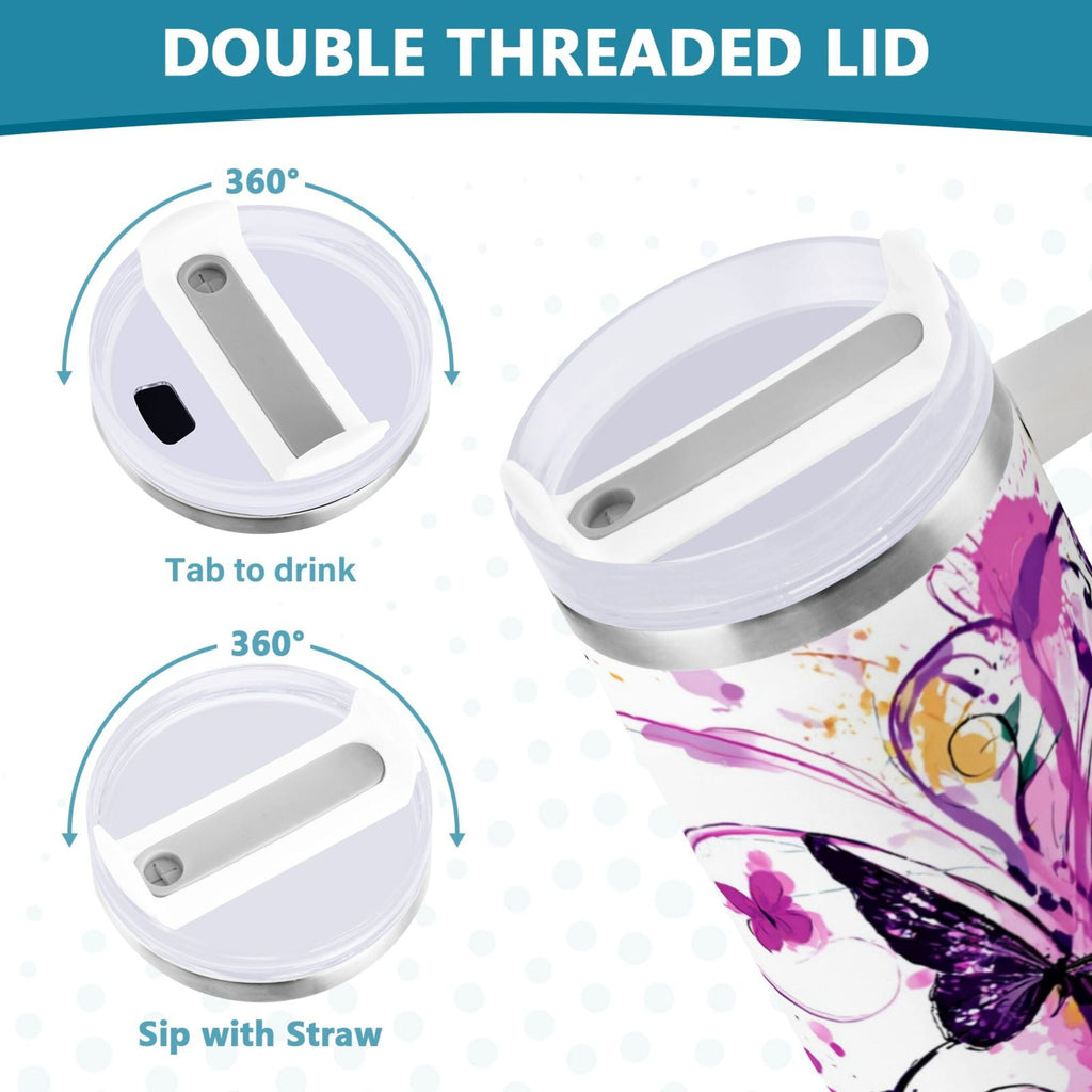 40 oz Insulated Stainless Steel Tumbler Double Wall Stainless Steel Tumbler with 2-Way Drinking Purple Butterfly - Choice 224