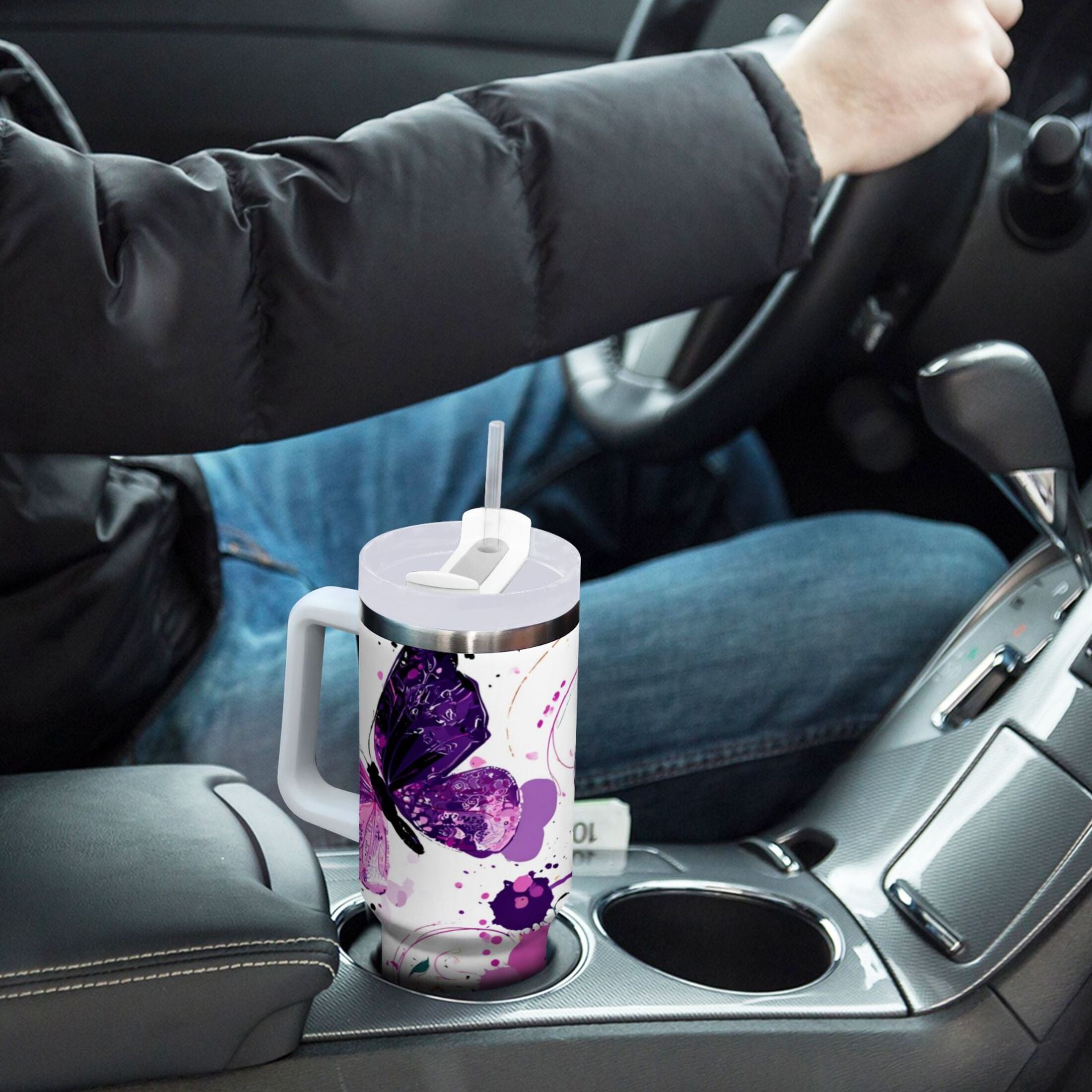 40 oz Insulated Stainless Steel Tumbler Double Wall Stainless Steel Tumbler with 2-Way Drinking Purple Butterfly - Choice 224