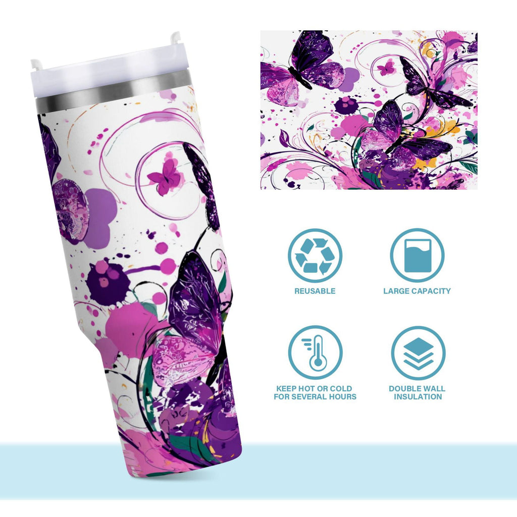 40 oz Insulated Stainless Steel Tumbler Double Wall Stainless Steel Tumbler with 2-Way Drinking Purple Butterfly - Choice 224