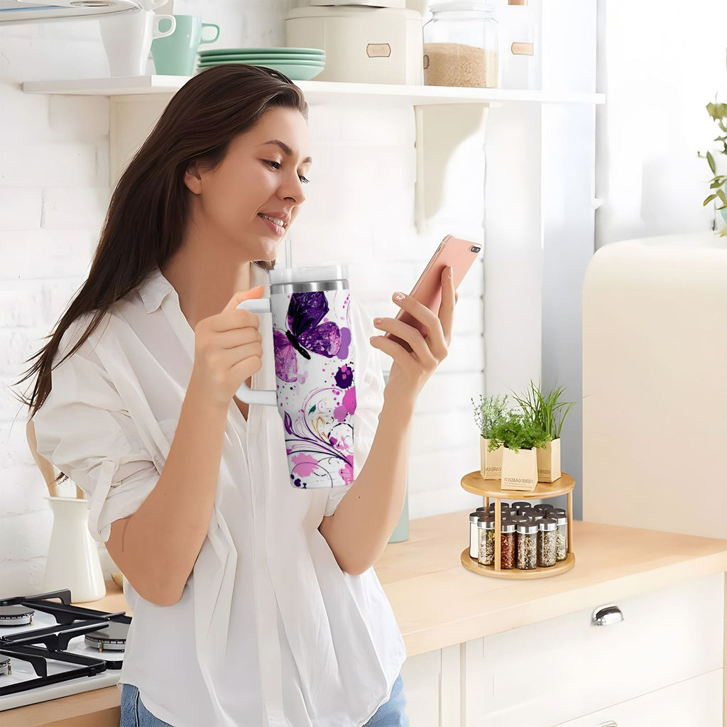 40 oz Insulated Stainless Steel Tumbler Double Wall Stainless Steel Tumbler with 2-Way Drinking Purple Butterfly - Choice 224