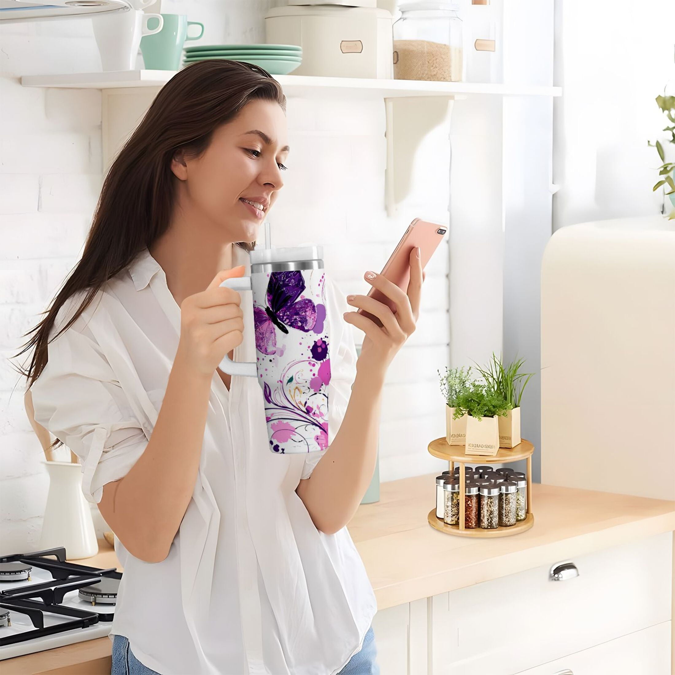 40 oz Insulated Stainless Steel Tumbler Double Wall Stainless Steel Tumbler with 2-Way Drinking Purple Butterfly - Choice 224