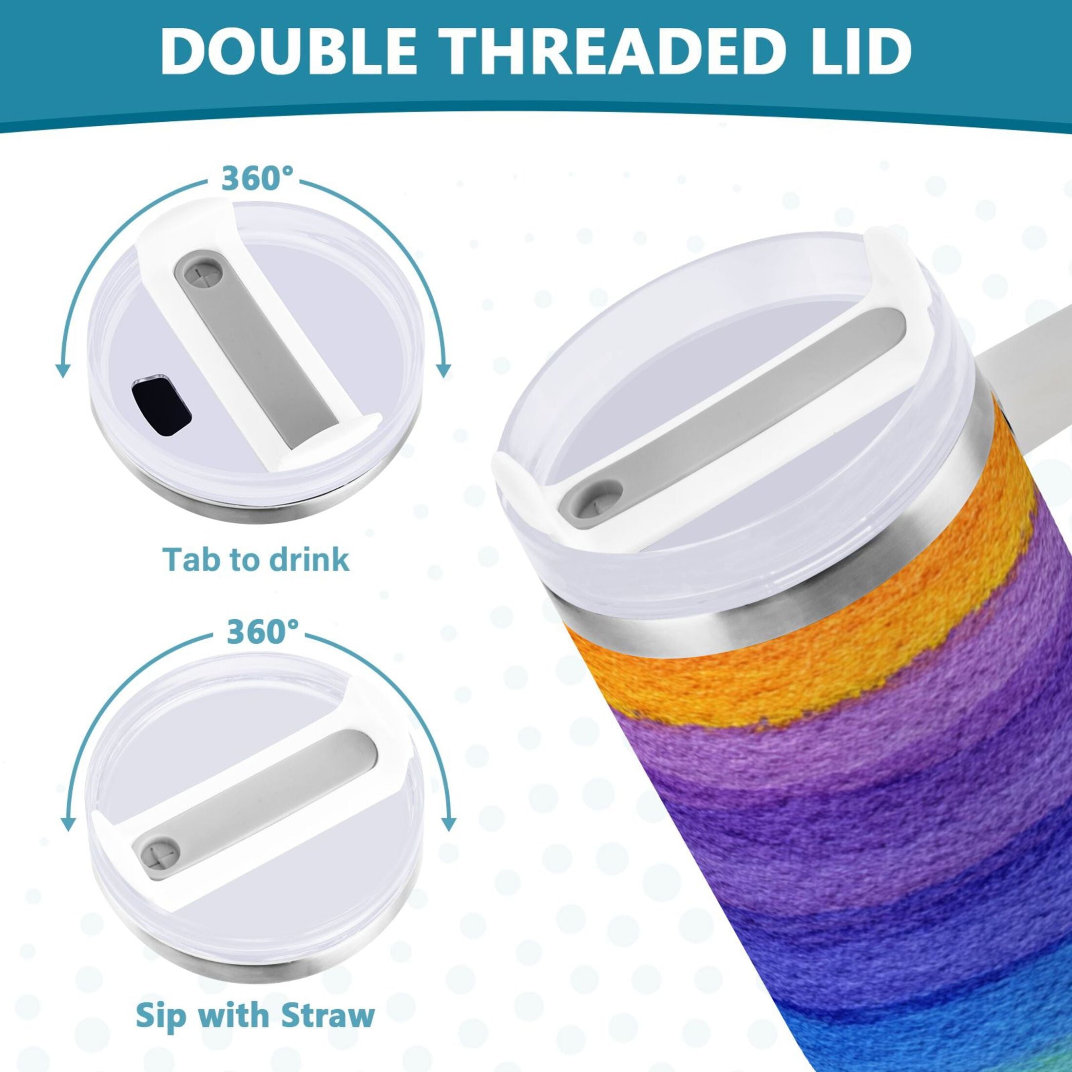 30 oz Insulated Stainless Steel Tumbler Double Wall Stainless Steel Tumbler with 2-Way Drinking Watercolor Rainbow Colors - Choice 635