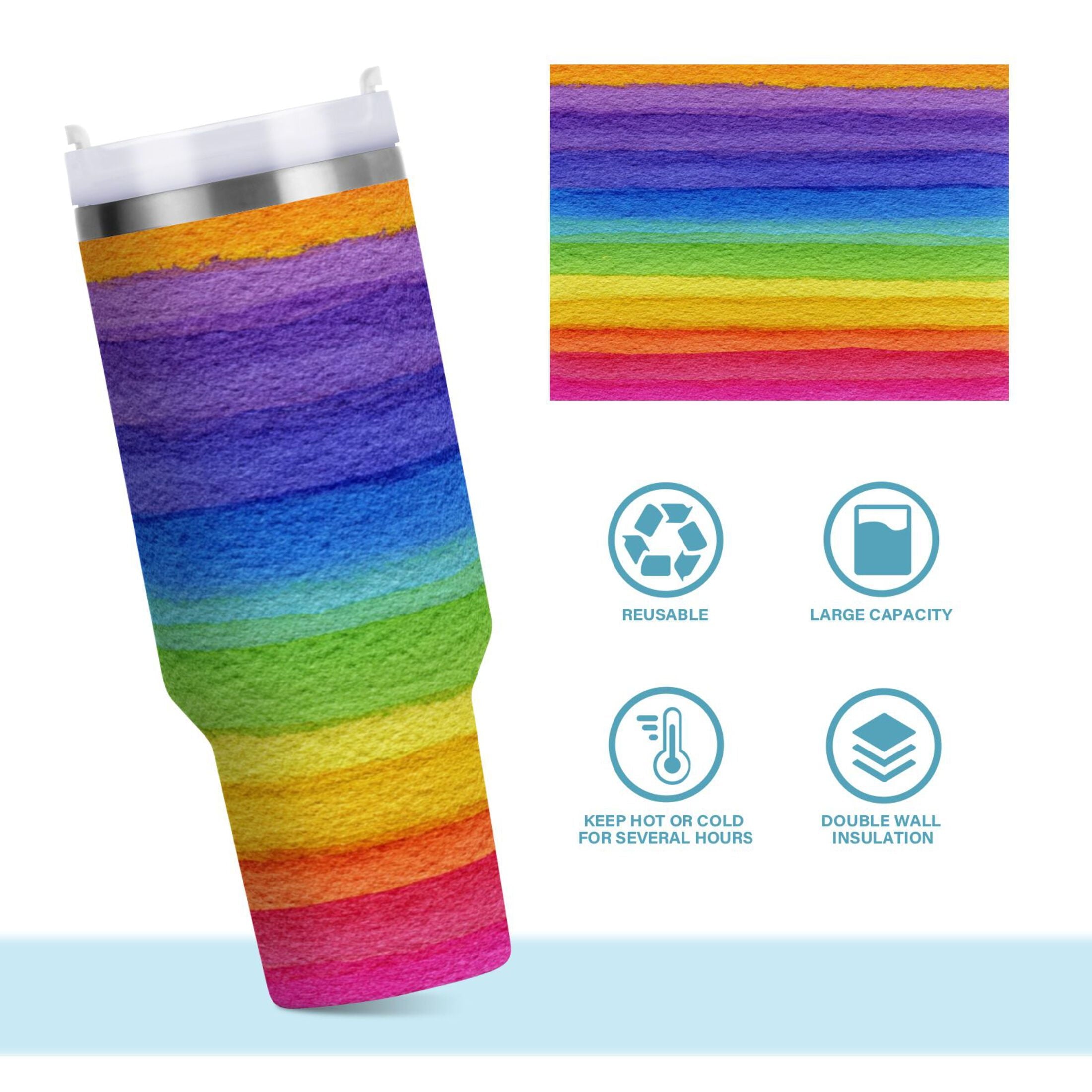 30 oz Insulated Stainless Steel Tumbler Double Wall Stainless Steel Tumbler with 2-Way Drinking Watercolor Rainbow Colors - Choice 635