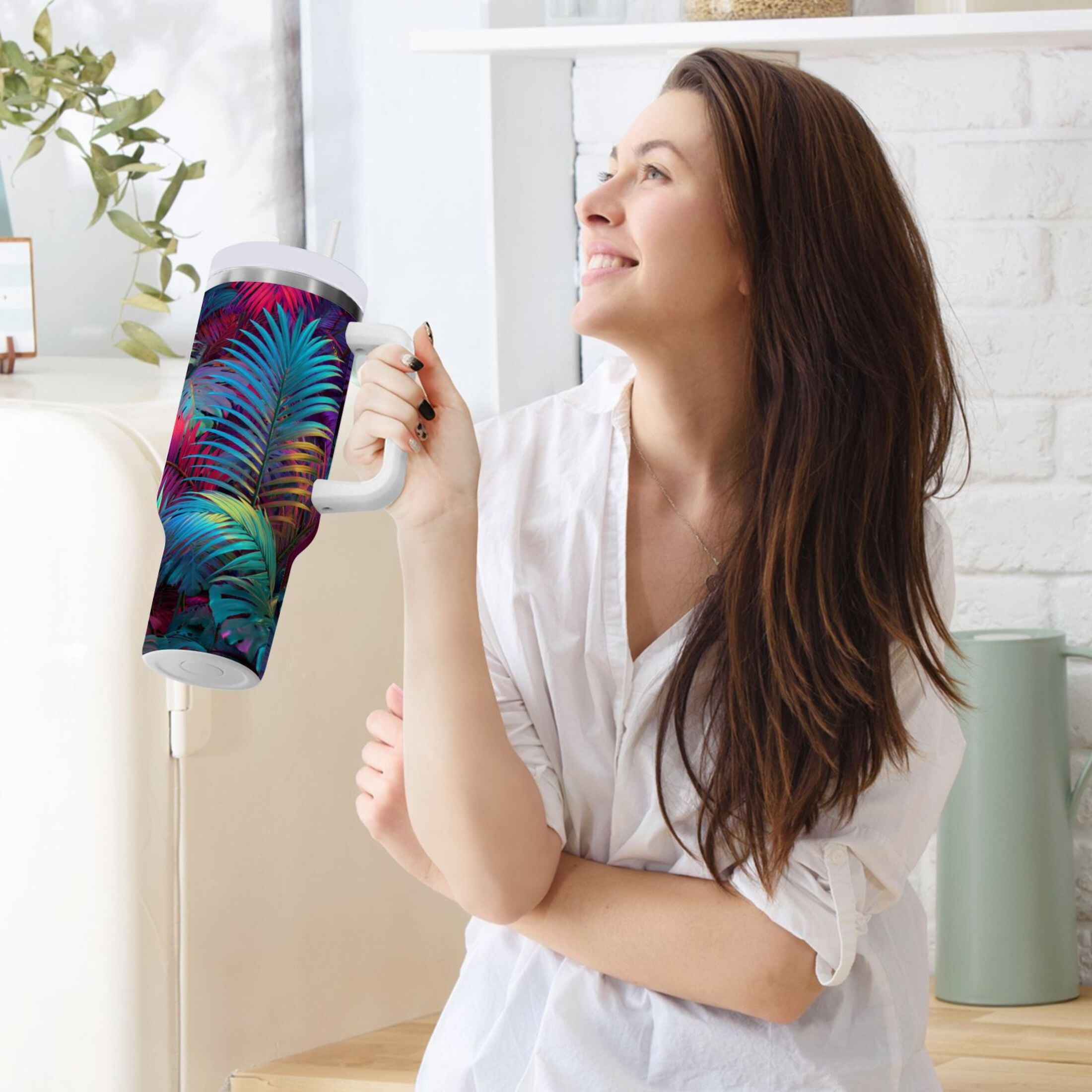 30 oz Insulated Stainless Steel Tumbler Double Wall Stainless Steel Tumbler with 2-Way Drinking Vibrant and Shimmering Jungle - Choice 125
