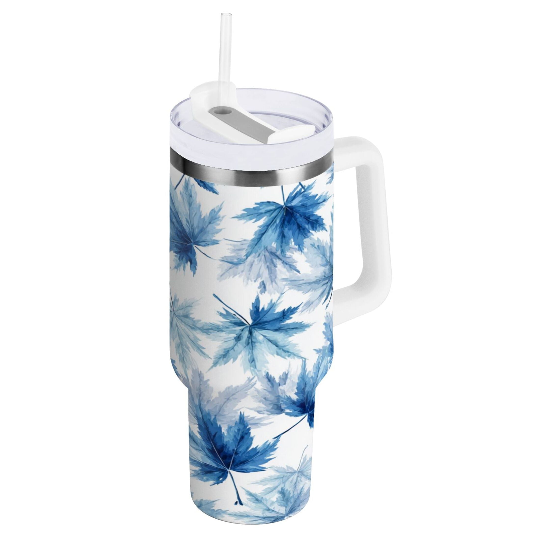 30 oz Insulated Stainless Steel Tumbler Double Wall Stainless Steel Tumbler with 2-Way Drinking Abstract Blue Maple Leaves - Choice 861