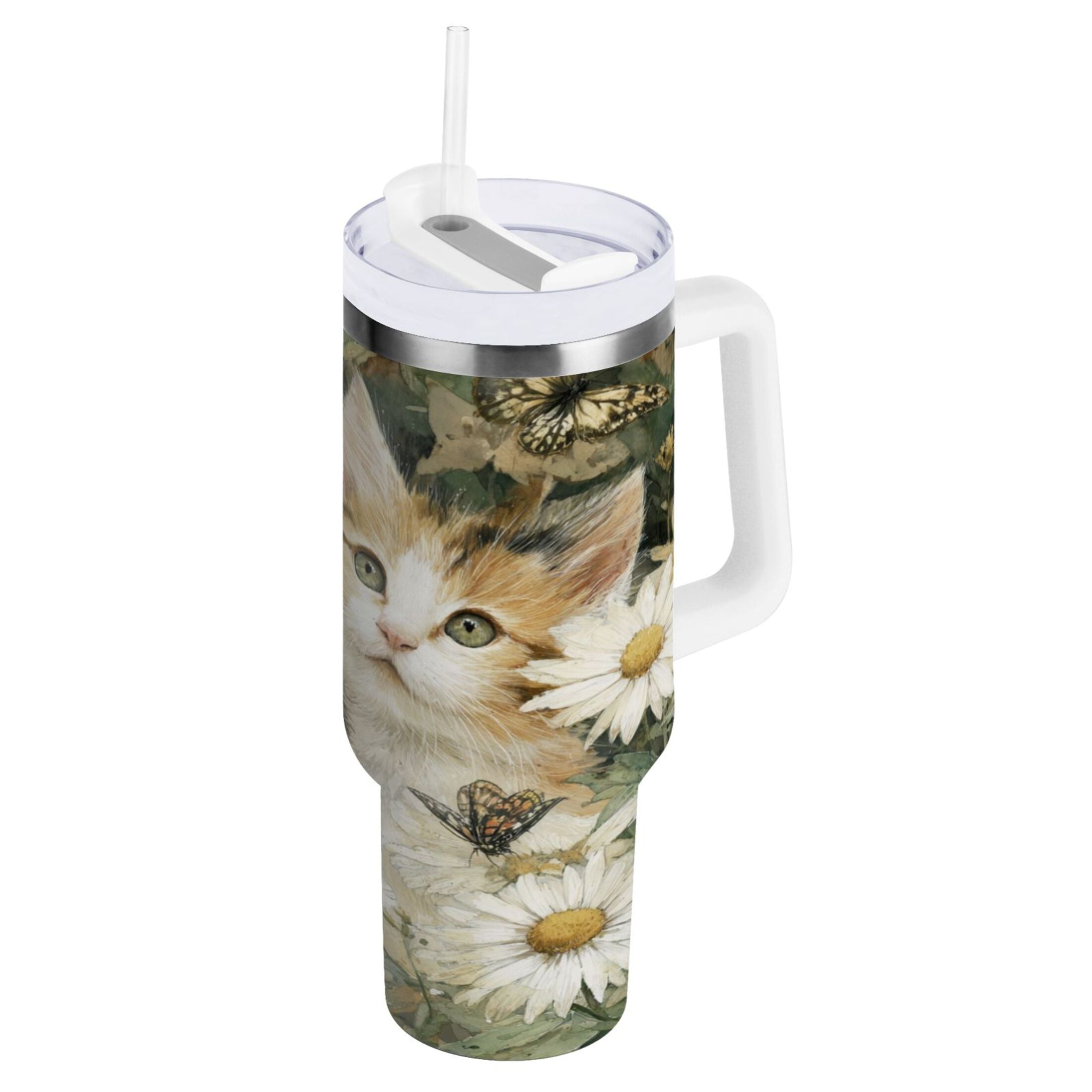30 oz Insulated Stainless Steel Tumbler Double Wall Stainless Steel Tumbler with 2-Way Drinking Adorable Cats and Daisies - Choice 403