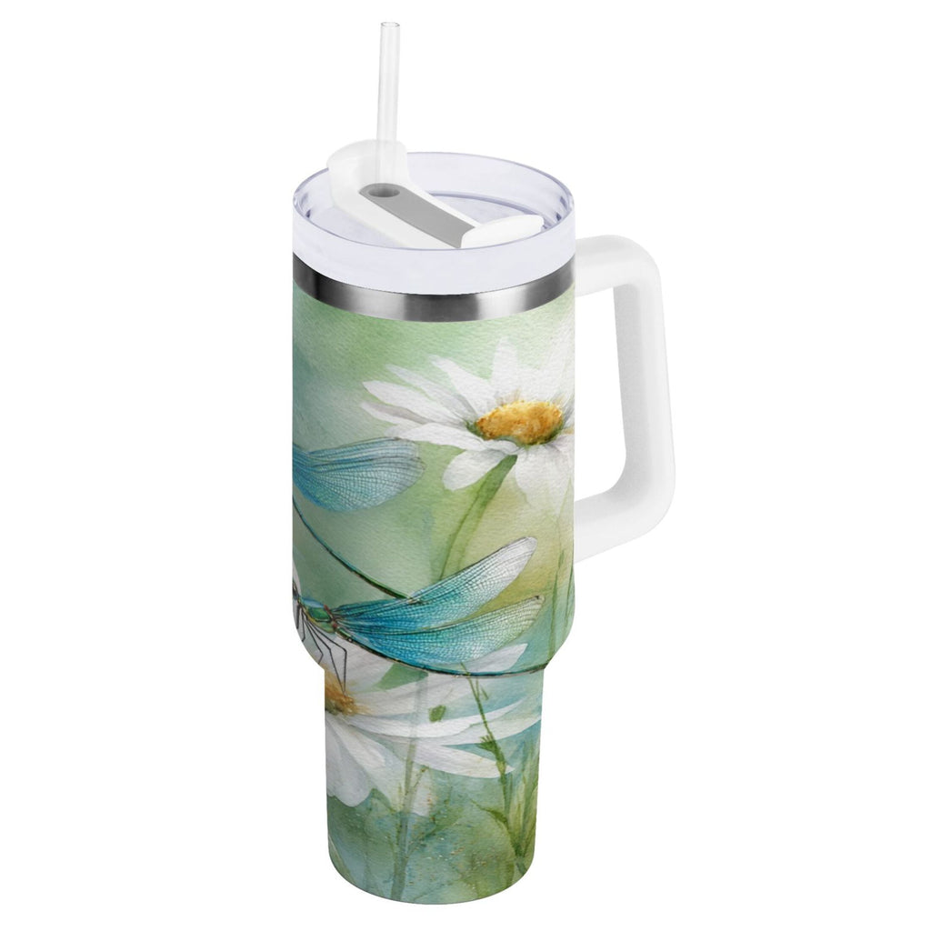 30 oz Insulated Stainless Steel Tumbler Double Wall Stainless Steel Tumbler with 2-Way Drinking Beautiful Dragonflies and Daisies - Choice 224