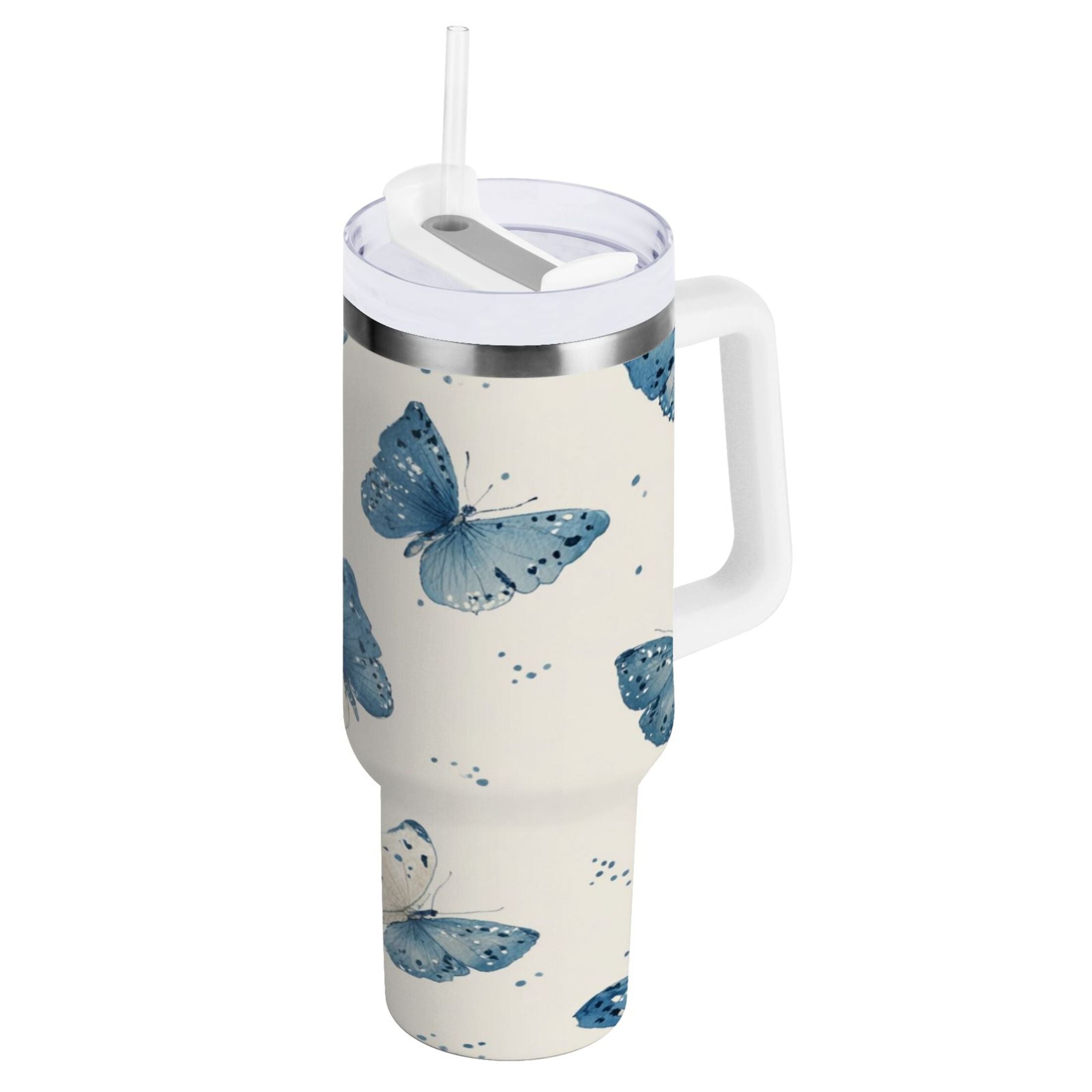 30 oz Insulated Stainless Steel Tumbler Double Wall Stainless Steel Tumbler with 2-Way Drinking Blue Watercolor Butterflies - Choice 605