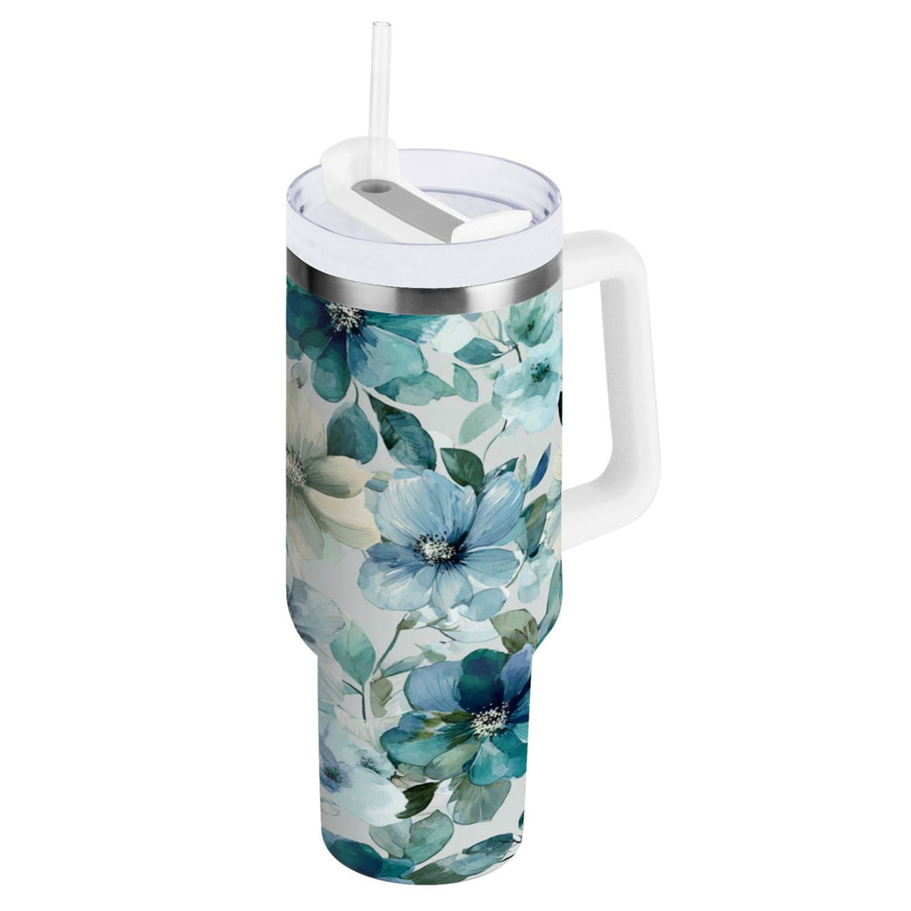 30 oz Insulated Stainless Steel Tumbler Double Wall Stainless Steel Tumbler with 2-Way Drinking Blue and Green Flowers - Choice 684