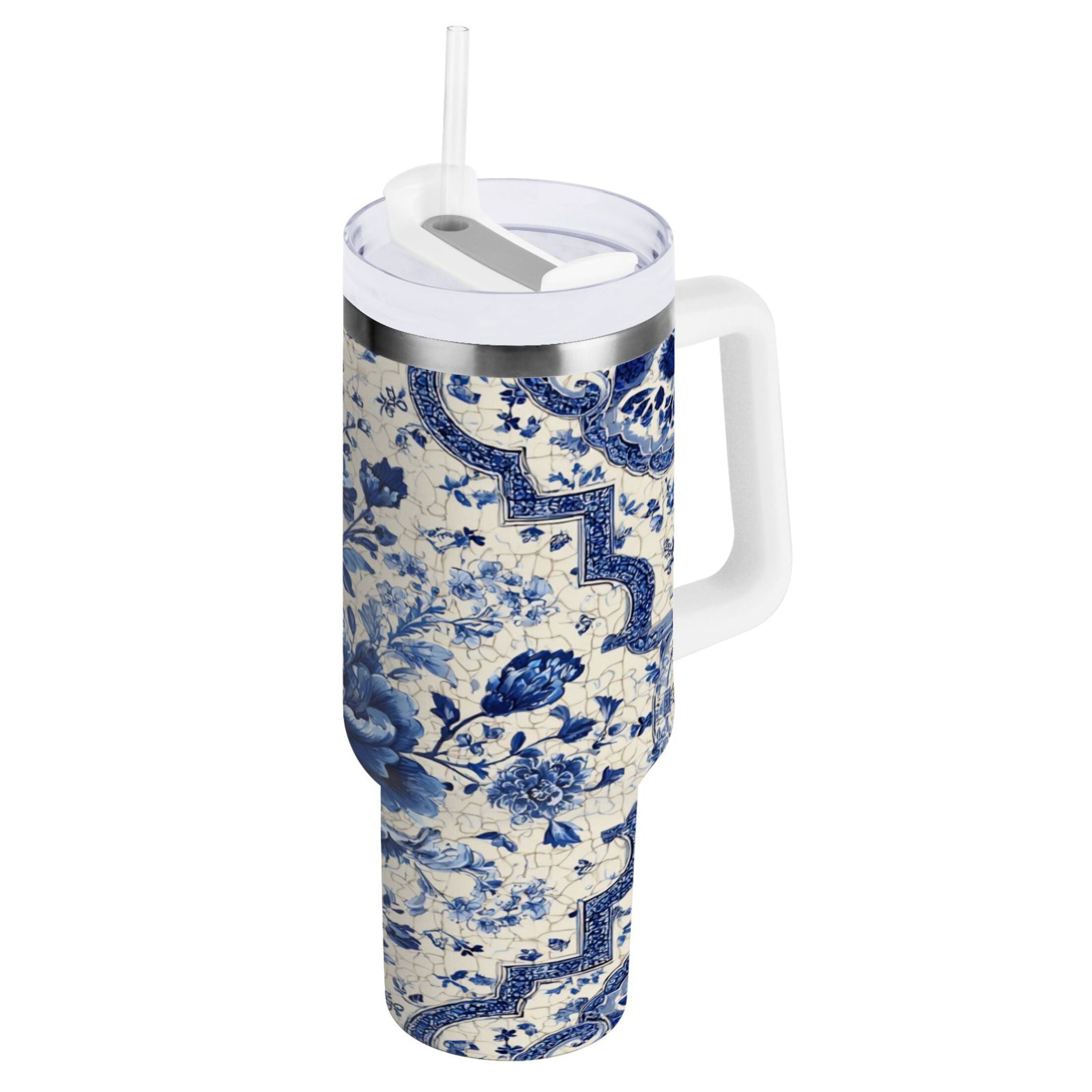 30 oz Insulated Stainless Steel Tumbler Double Wall Stainless Steel Tumbler with 2-Way Drinking Blue and White Porcelain-style - Choice 585