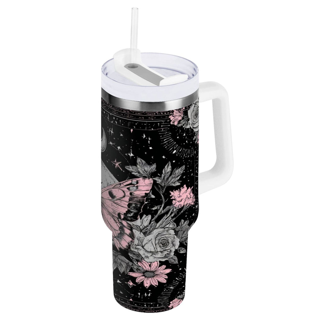30 oz Insulated Stainless Steel Tumbler Double Wall Stainless Steel Tumbler with 2-Way Drinking Butterfly by Moon and Flowers - Choice 725