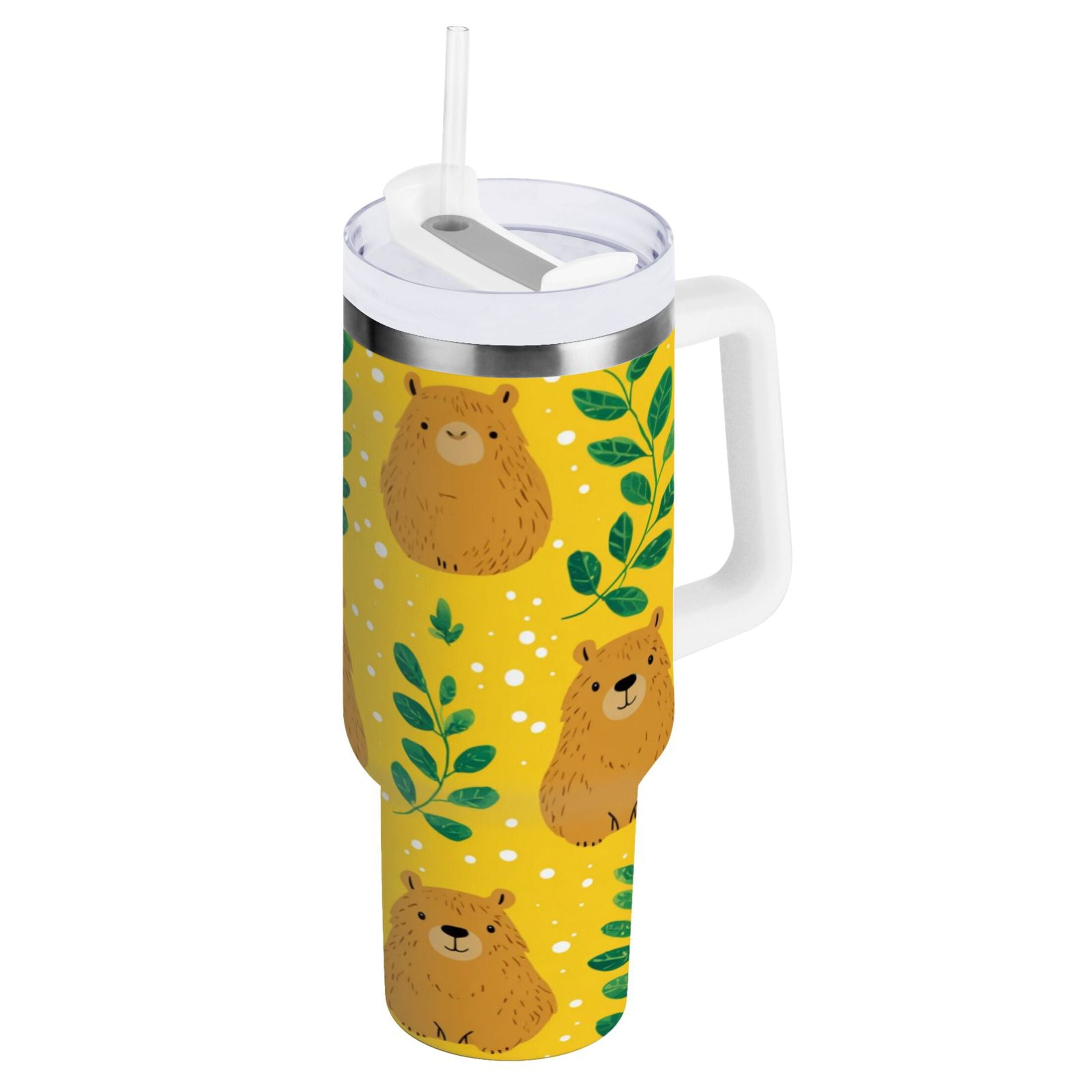 30 oz Insulated Stainless Steel Tumbler Double Wall Stainless Steel Tumbler with 2-Way Drinking Capybara and Green Leaves - Choice 877