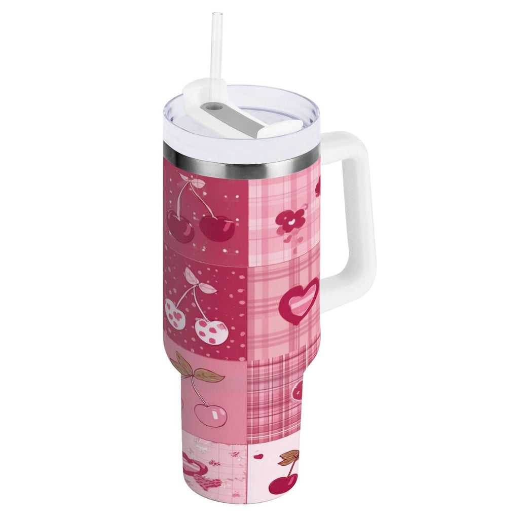30 oz Insulated Stainless Steel Tumbler Double Wall Stainless Steel Tumbler with 2-Way Drinking Cherry Pattern with Bows - Choice 897