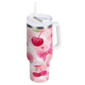30 oz Insulated Stainless Steel Tumbler Double Wall Stainless Steel Tumbler with 2-Way Drinking Cherry and Pink Bow Pattern - Choice 265