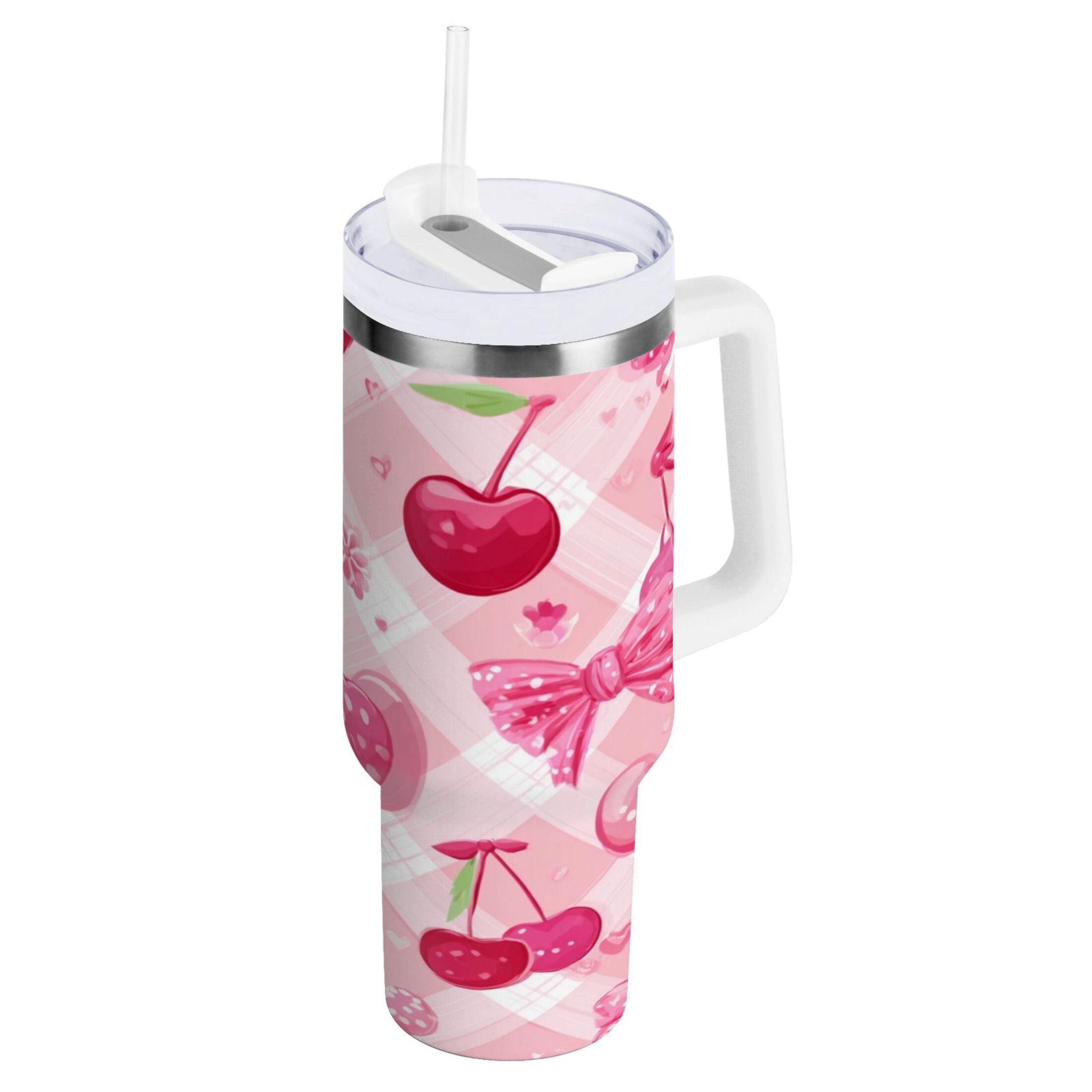 30 oz Insulated Stainless Steel Tumbler Double Wall Stainless Steel Tumbler with 2-Way Drinking Cherry and Pink Bow Pattern - Choice 265