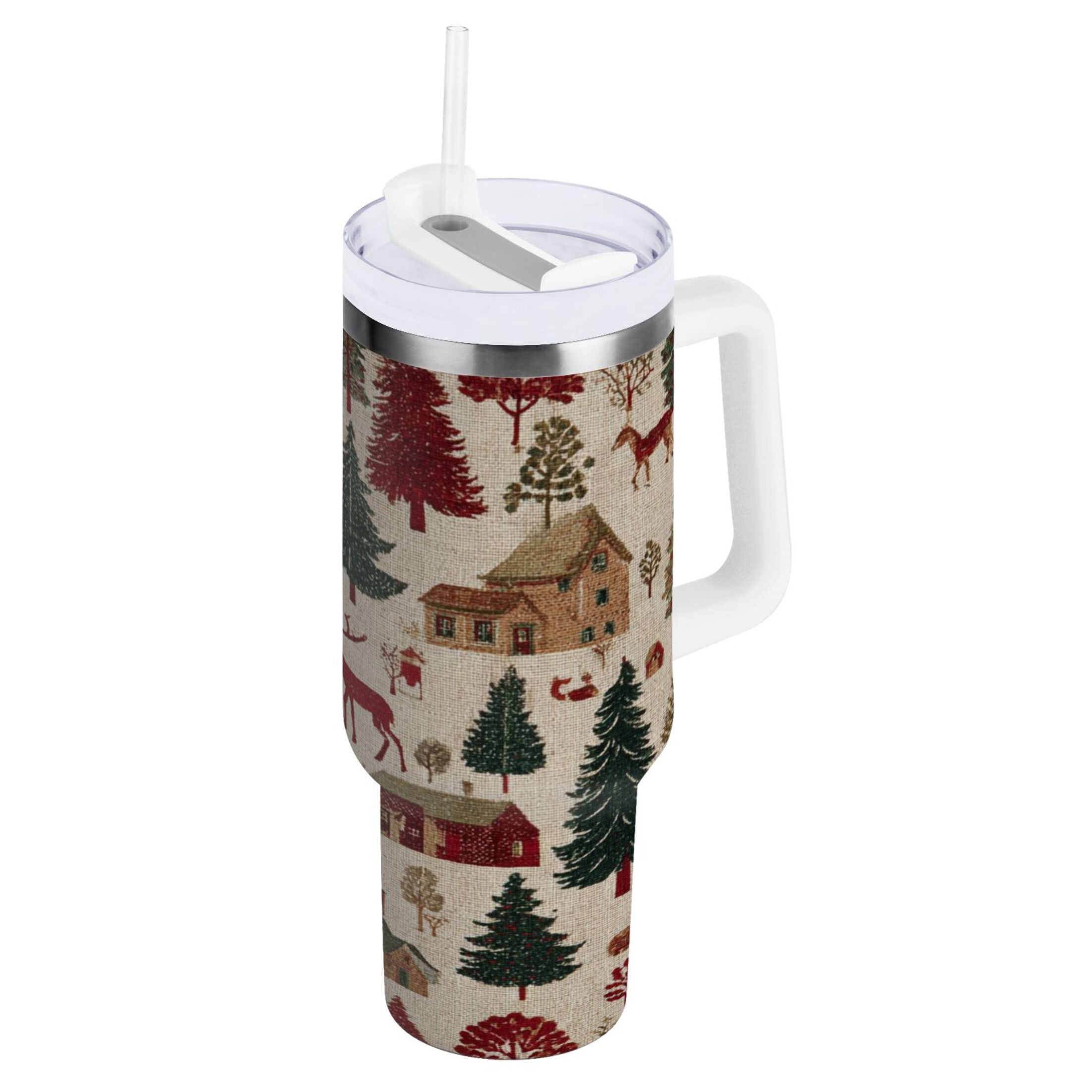 30 oz Insulated Stainless Steel Tumbler Double Wall Stainless Steel Tumbler with 2-Way Drinking Christmas Trees Deer and Houses - Choice 652