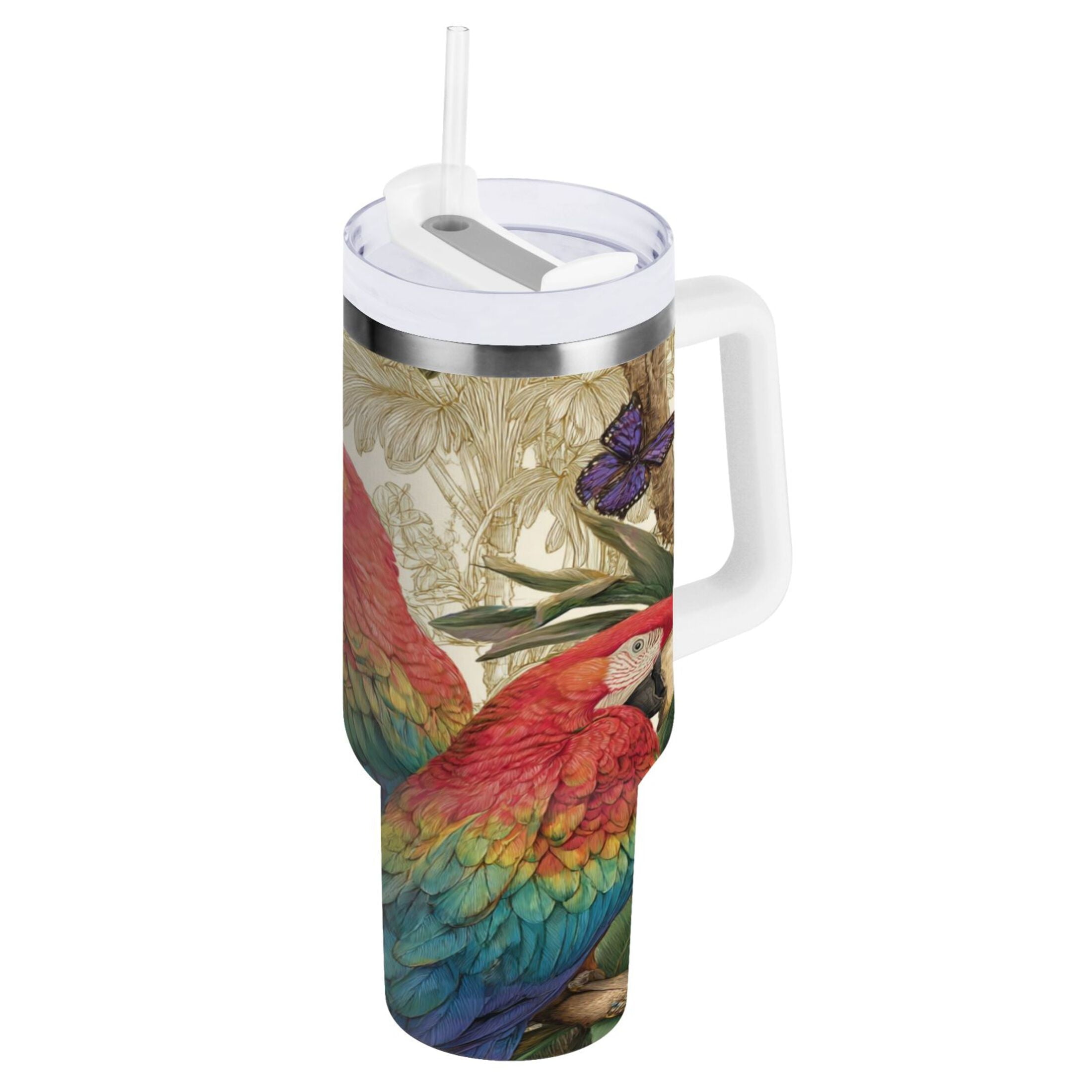 30 oz Insulated Stainless Steel Tumbler Double Wall Stainless Steel Tumbler with 2-Way Drinking Colorful Beautiful Parrots - Choice 284