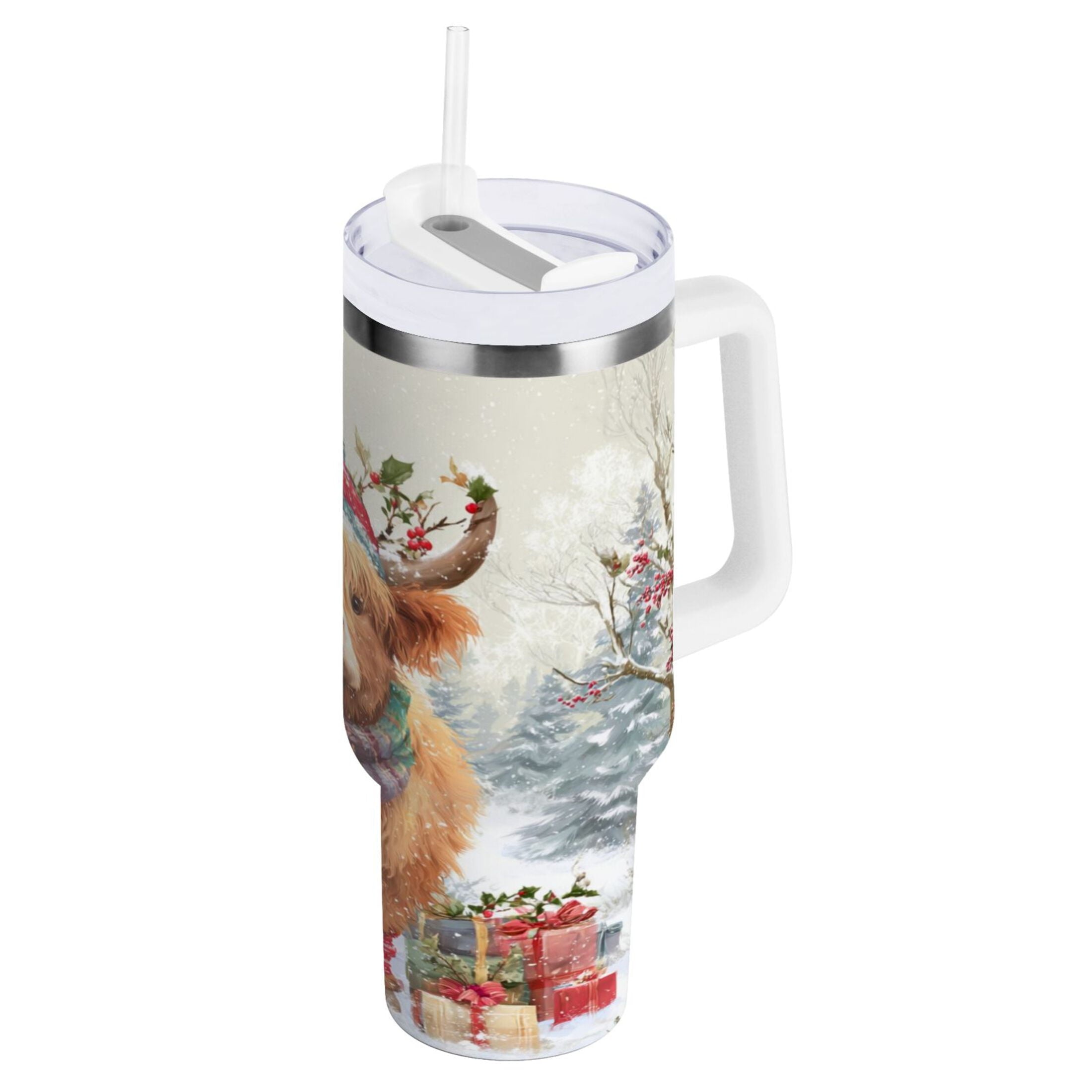 30 oz Insulated Stainless Steel Tumbler Double Wall Stainless Steel Tumbler with 2-Way Drinking Cow Wearing Christmas Hat - Choice 987