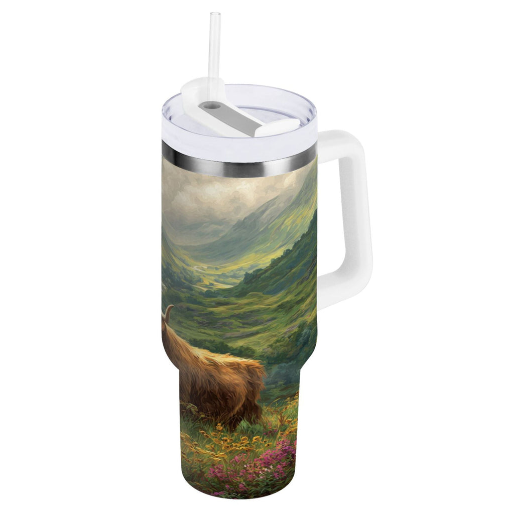 30 oz Insulated Stainless Steel Tumbler Double Wall Stainless Steel Tumbler with 2-Way Drinking Cow in Green Rolling Hills - Choice 267