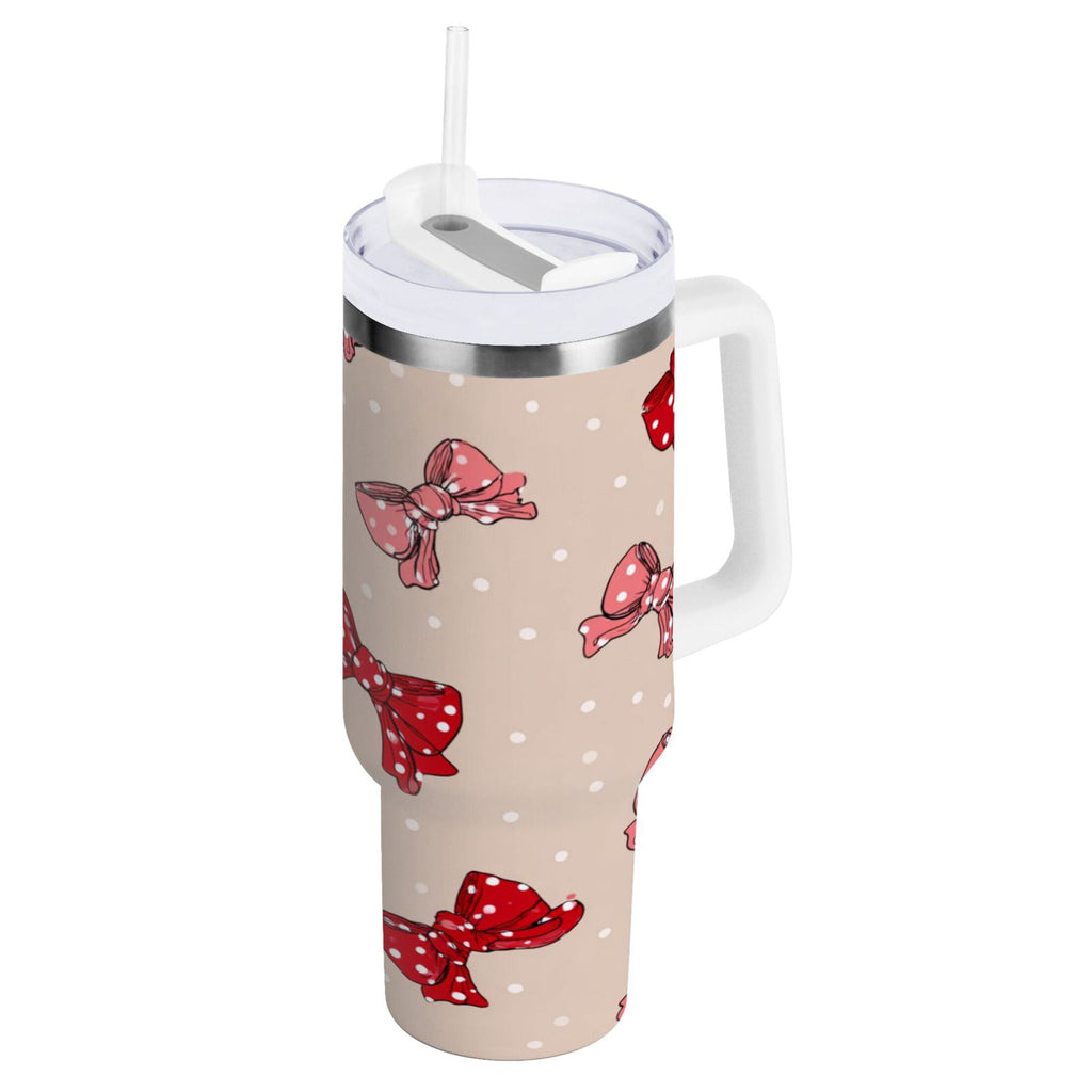30 oz Insulated Stainless Steel Tumbler Double Wall Stainless Steel Tumbler with 2-Way Drinking Cute Red Bows Pattern - Choice 902
