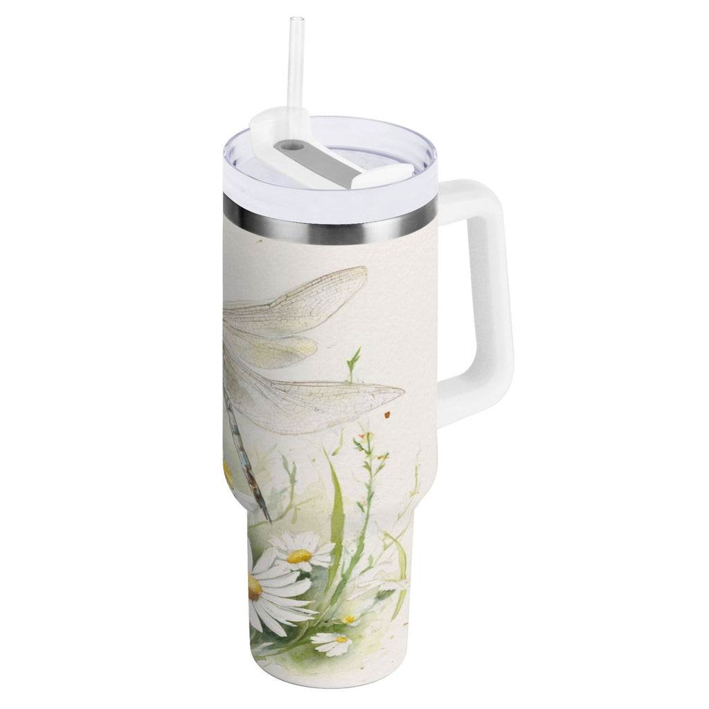 30 oz Insulated Stainless Steel Tumbler Double Wall Stainless Steel Tumbler with 2-Way Drinking Dragonflies with White Daisies - Choice 723