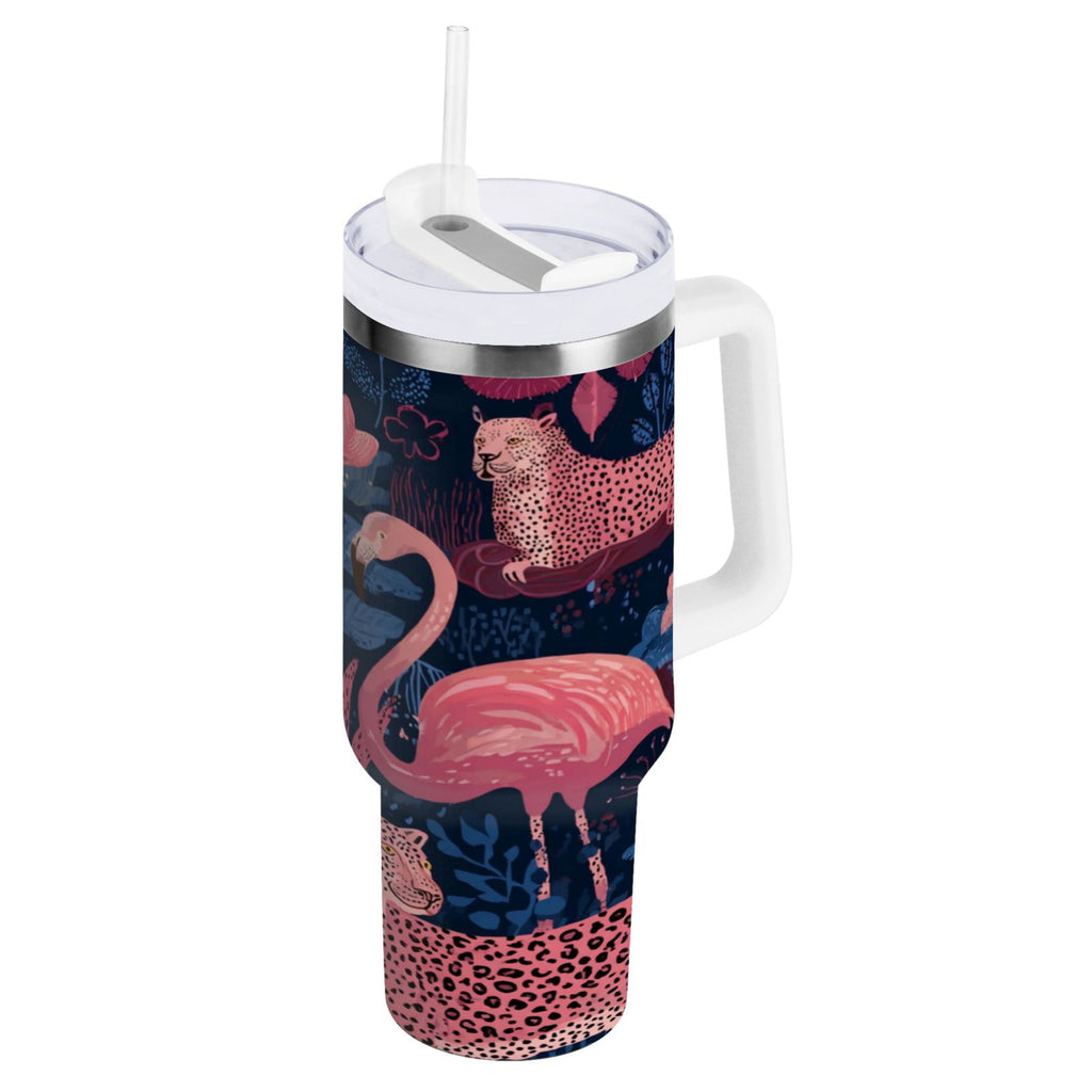 30 oz Insulated Stainless Steel Tumbler Double Wall Stainless Steel Tumbler with 2-Way Drinking Flamingos and Leopard Print - Choice 896