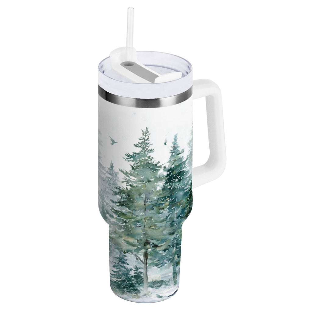 30 oz Insulated Stainless Steel Tumbler Double Wall Stainless Steel Tumbler with 2-Way Drinking Green Snowy Forest Scene - Choice 514