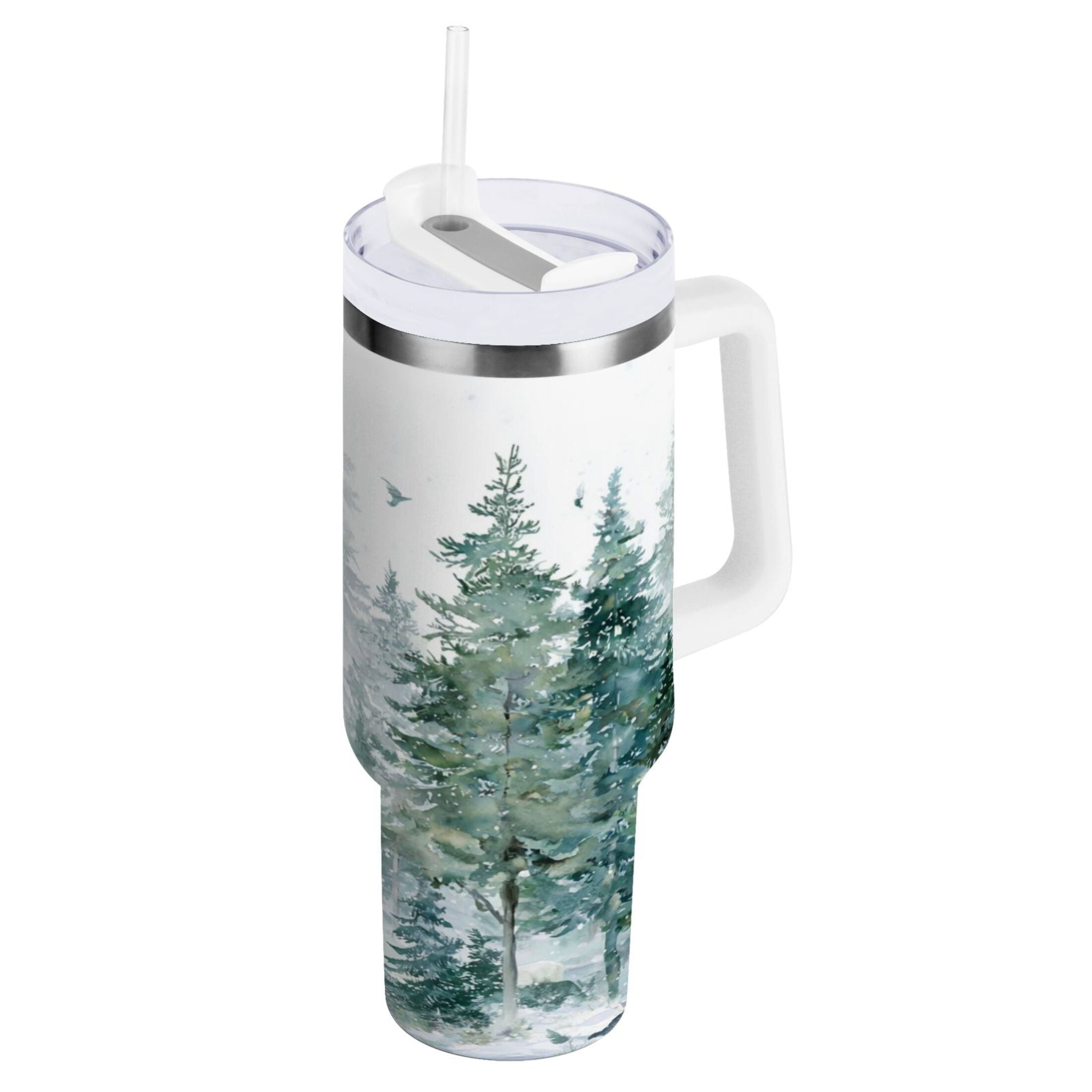 30 oz Insulated Stainless Steel Tumbler Double Wall Stainless Steel Tumbler with 2-Way Drinking Green Snowy Forest Scene - Choice 514