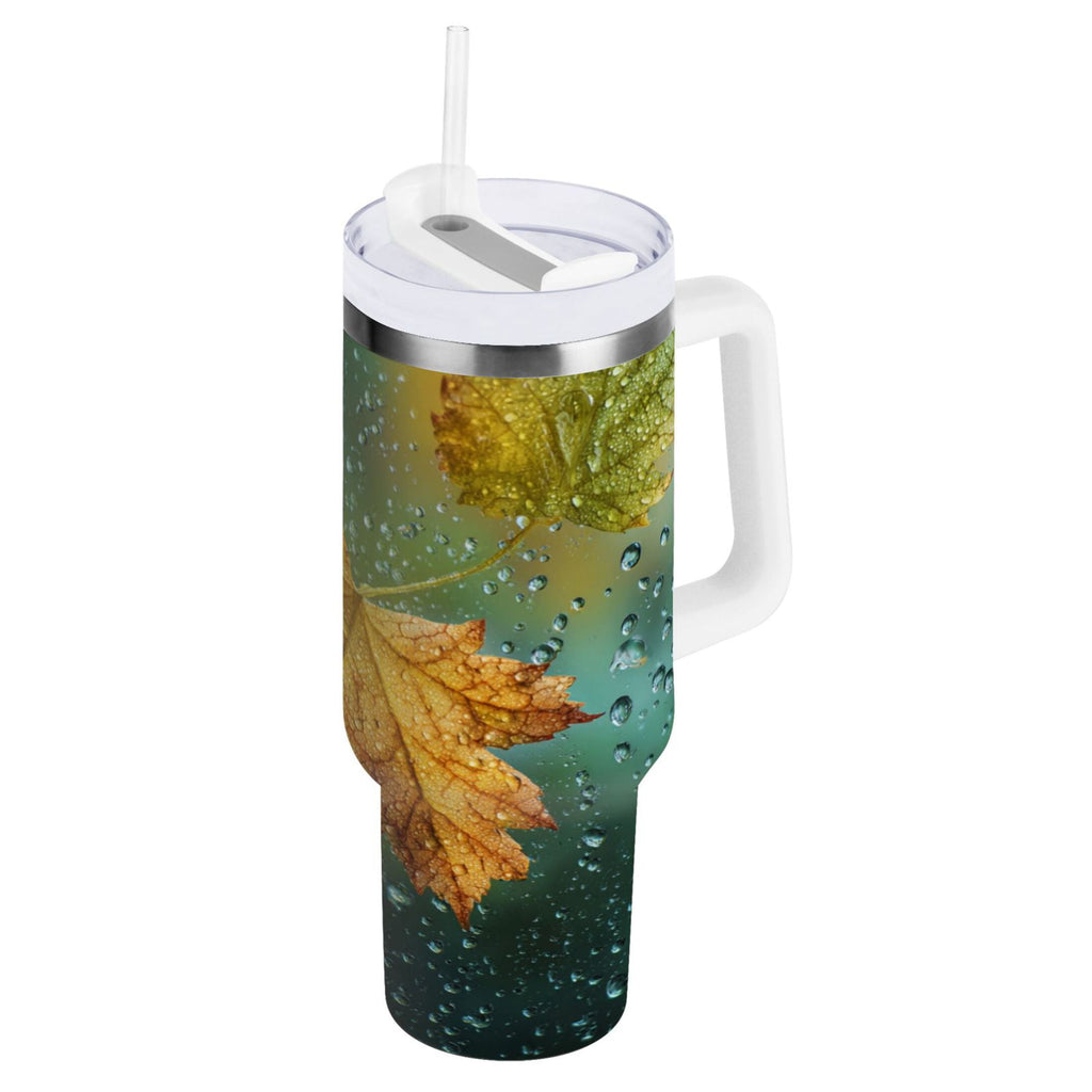 30 oz Insulated Stainless Steel Tumbler Double Wall Stainless Steel Tumbler with 2-Way Drinking Leaves with Water Droplets - Choice 218