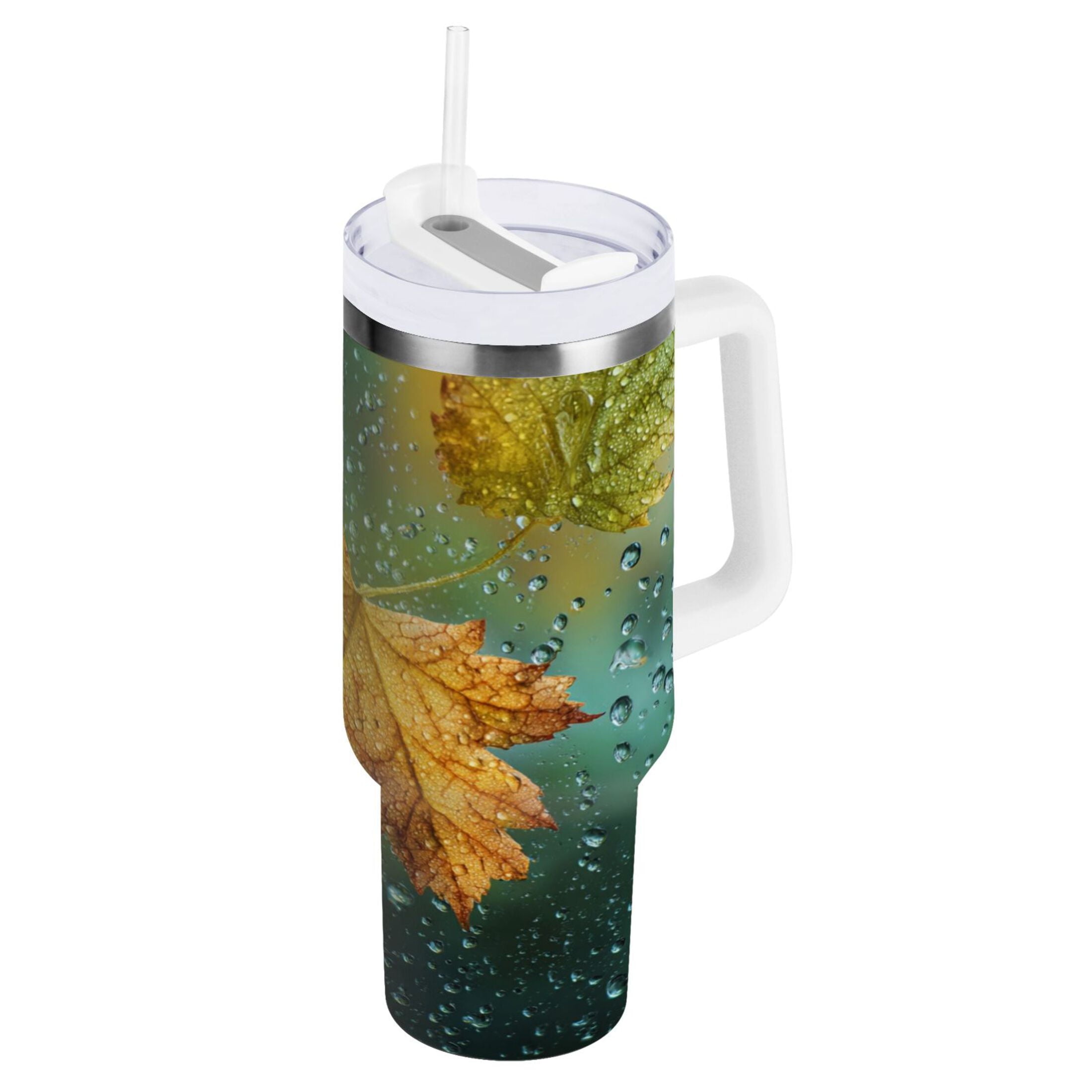 30 oz Insulated Stainless Steel Tumbler Double Wall Stainless Steel Tumbler with 2-Way Drinking Leaves with Water Droplets - Choice 218