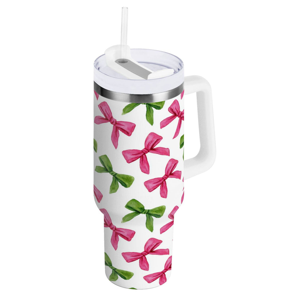 30 oz Insulated Stainless Steel Tumbler Double Wall Stainless Steel Tumbler with 2-Way Drinking Pink Bows and Green Ribbons - Choice 896