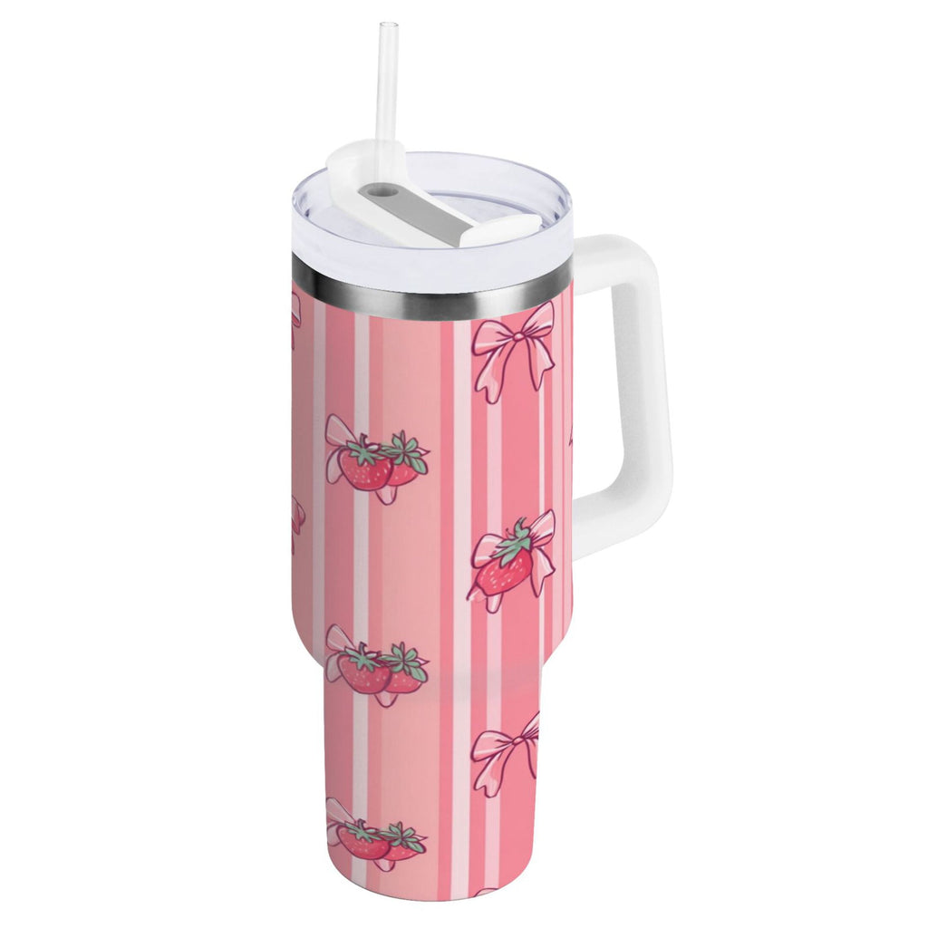 30 oz Insulated Stainless Steel Tumbler Double Wall Stainless Steel Tumbler with 2-Way Drinking Pink Bows and Strawberries - Choice 441