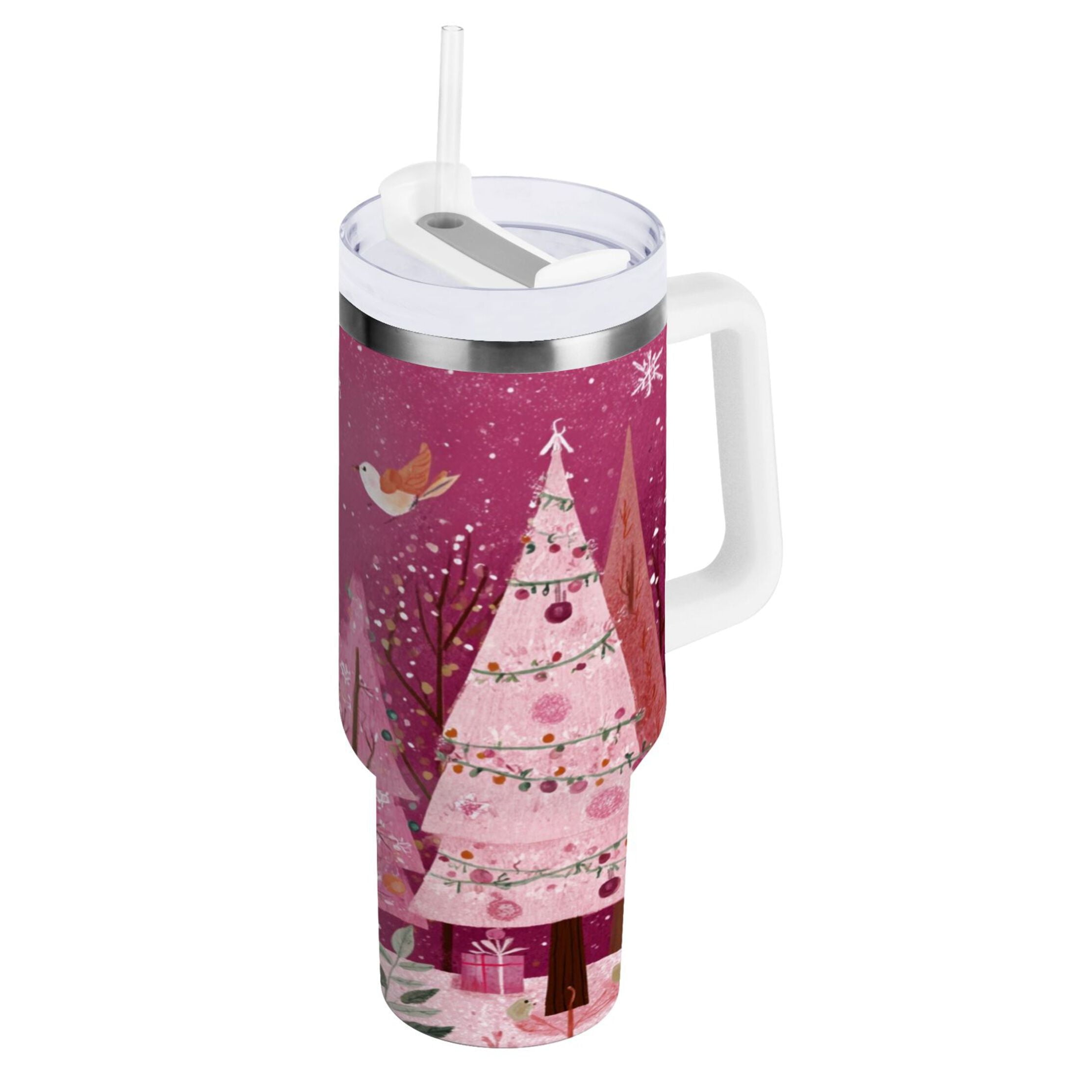 40 oz Insulated Stainless Steel Tumbler Double Wall Stainless Steel Tumbler with 2-Way Drinking Pink Christmas Forest - Choice 570