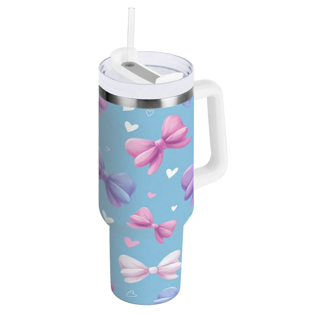 30 oz Insulated Stainless Steel Tumbler Double Wall Stainless Steel Tumbler with 2-Way Drinking Pink and Purple Bows - Choice 223