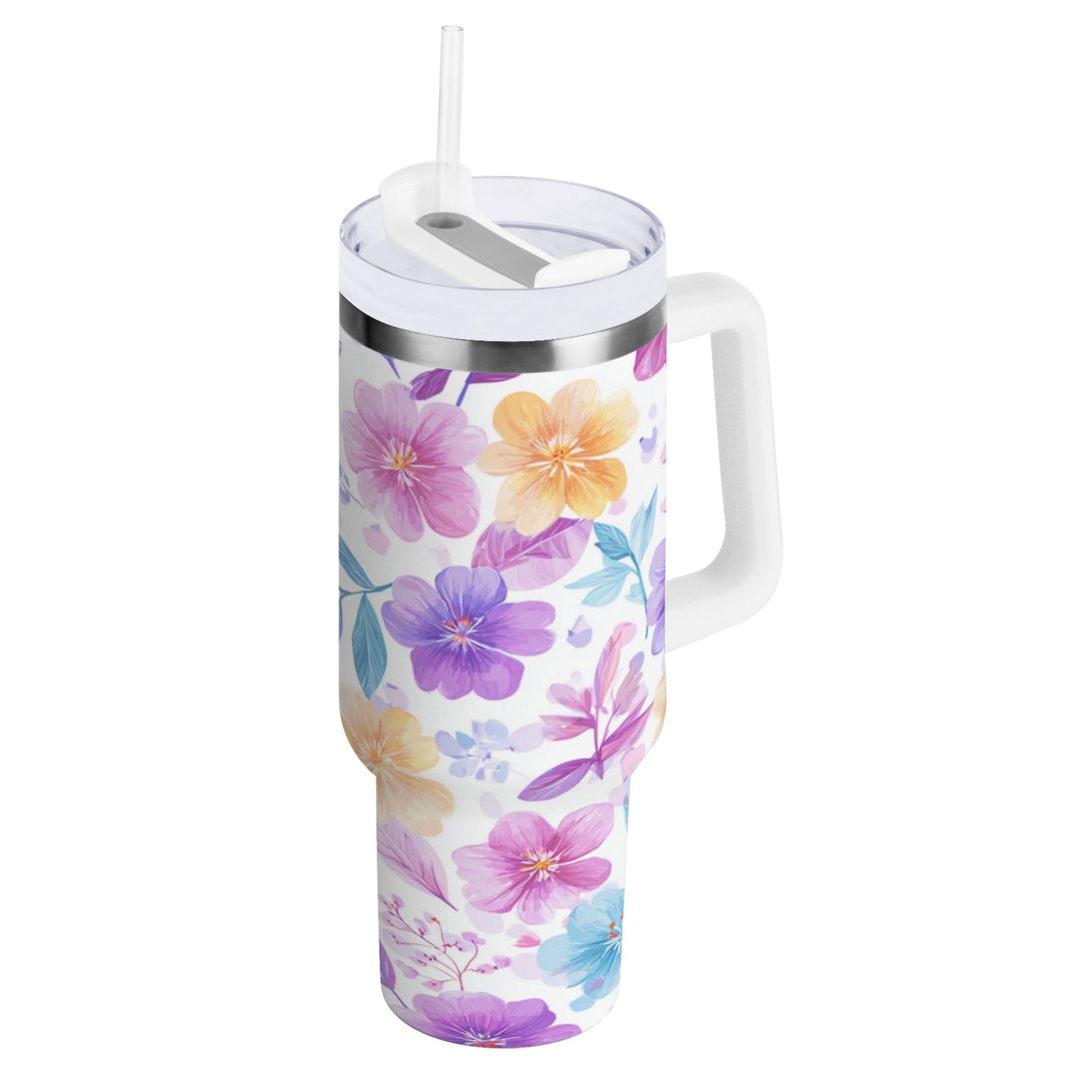 30 oz Insulated Stainless Steel Tumbler Double Wall Stainless Steel Tumbler with 2-Way Drinking Pink and Purple Flowers - Choice 437