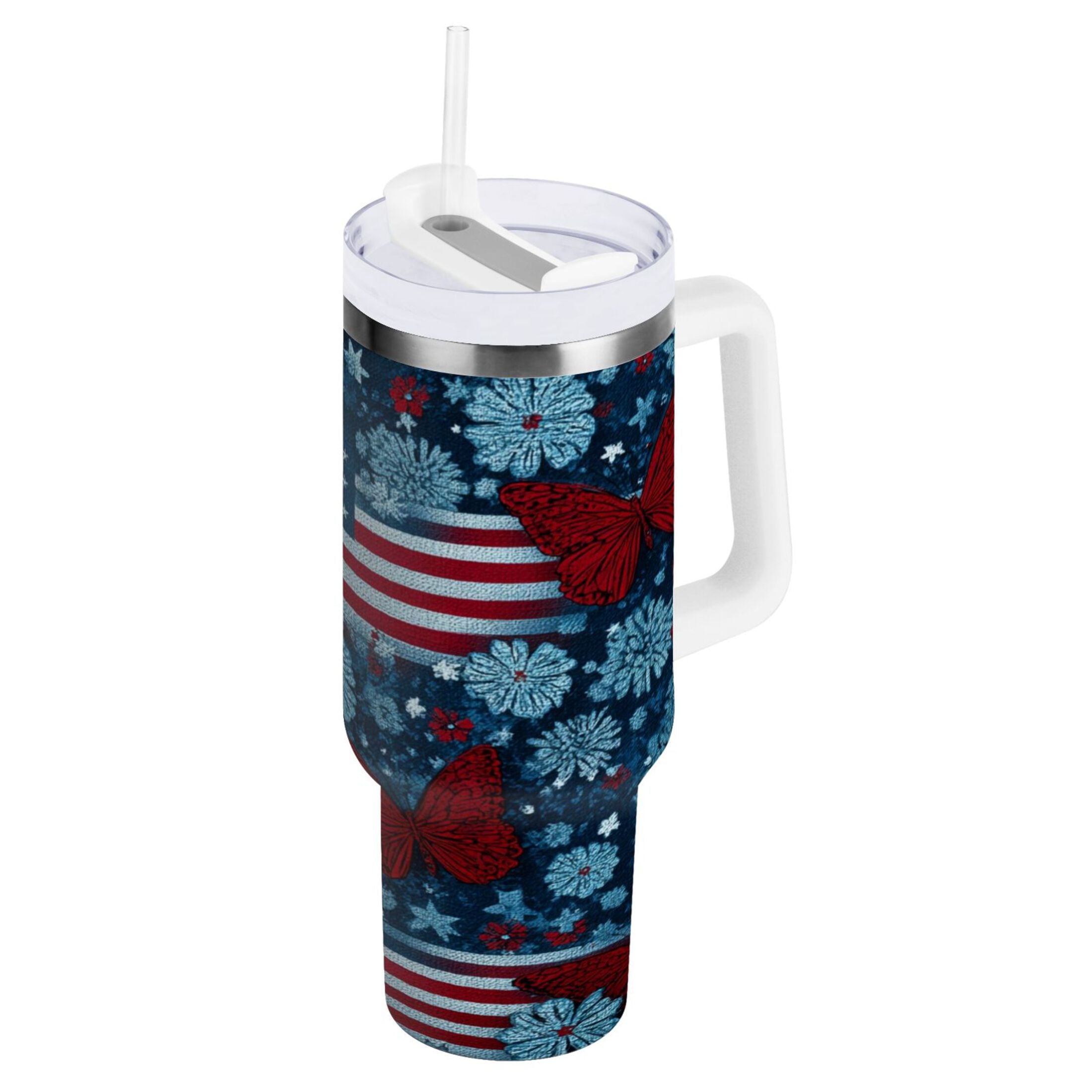 30 oz Insulated Stainless Steel Tumbler Double Wall Stainless Steel Tumbler with 2-Way Drinking Red Butterflies and Flags - Choice 680